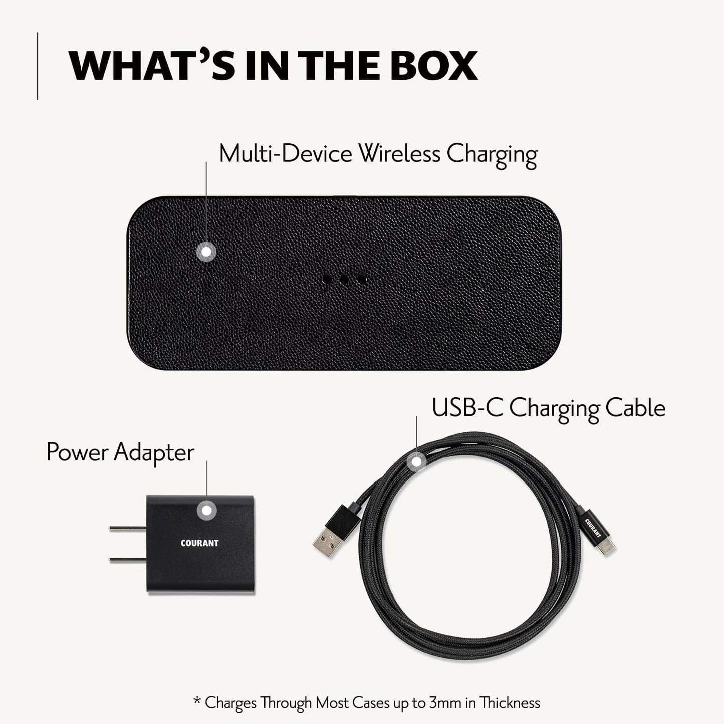 Courant Catch:2 Classics - Italian Leather Dual Wireless Charging Pad - Compatible with iPhone 11, X, SE, Galaxy S23, S22, S21, S20, Note, AirPods, AirPods Pro (Black)