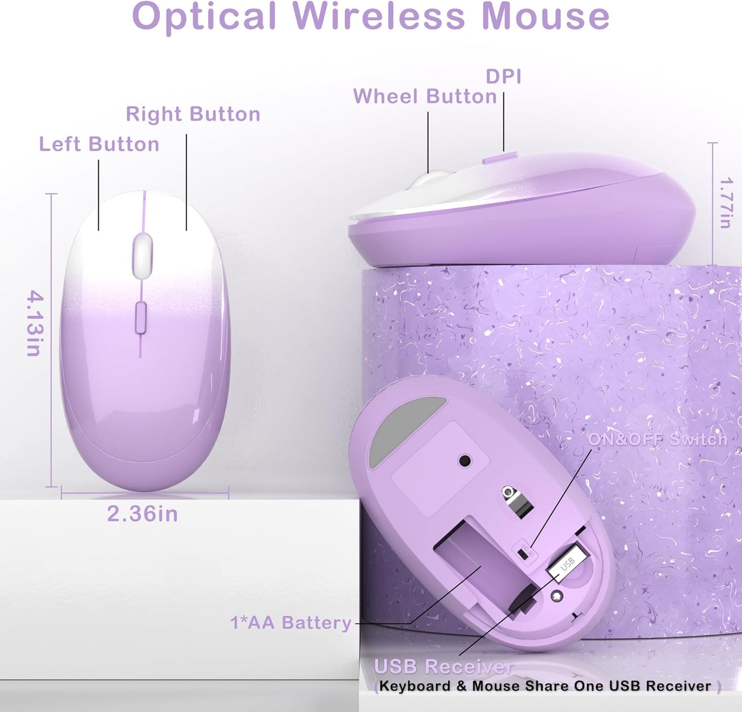 Colorful Wireless Keyboard and Mouse Combo, COVEVA 2.4GHz Wireless Retro Cute Round Keycaps Keyboard, 104 Keys Full-Sized Keyboard Mouse Set with Switch Button for PC Laptop Desktop (Purple Gradient)