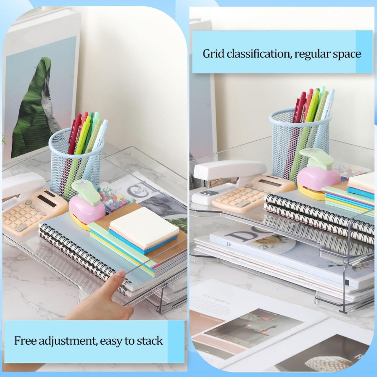 2 Pcs Stackable Letter Tray Rectangular Plastic Desk Organizer 13 x 9.5 x 2.6 in Paper Holder File Tray Accessories Rack for Desktop Office Desk Drawers (Clear)