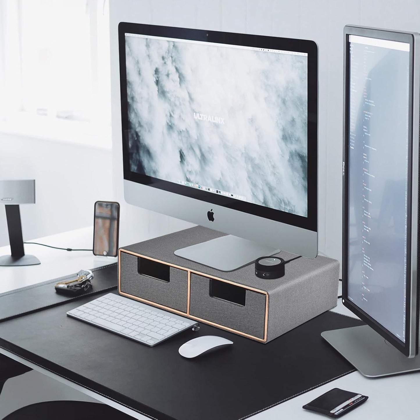 Linen Leather Desk Organizer with Drawers-Mini Desktop Drawer Organizer Stackable-Multifunctional Tabletop Organization Storage Box for Office Supplies Home Vanity Toiletries (Grey, 2-drawers)