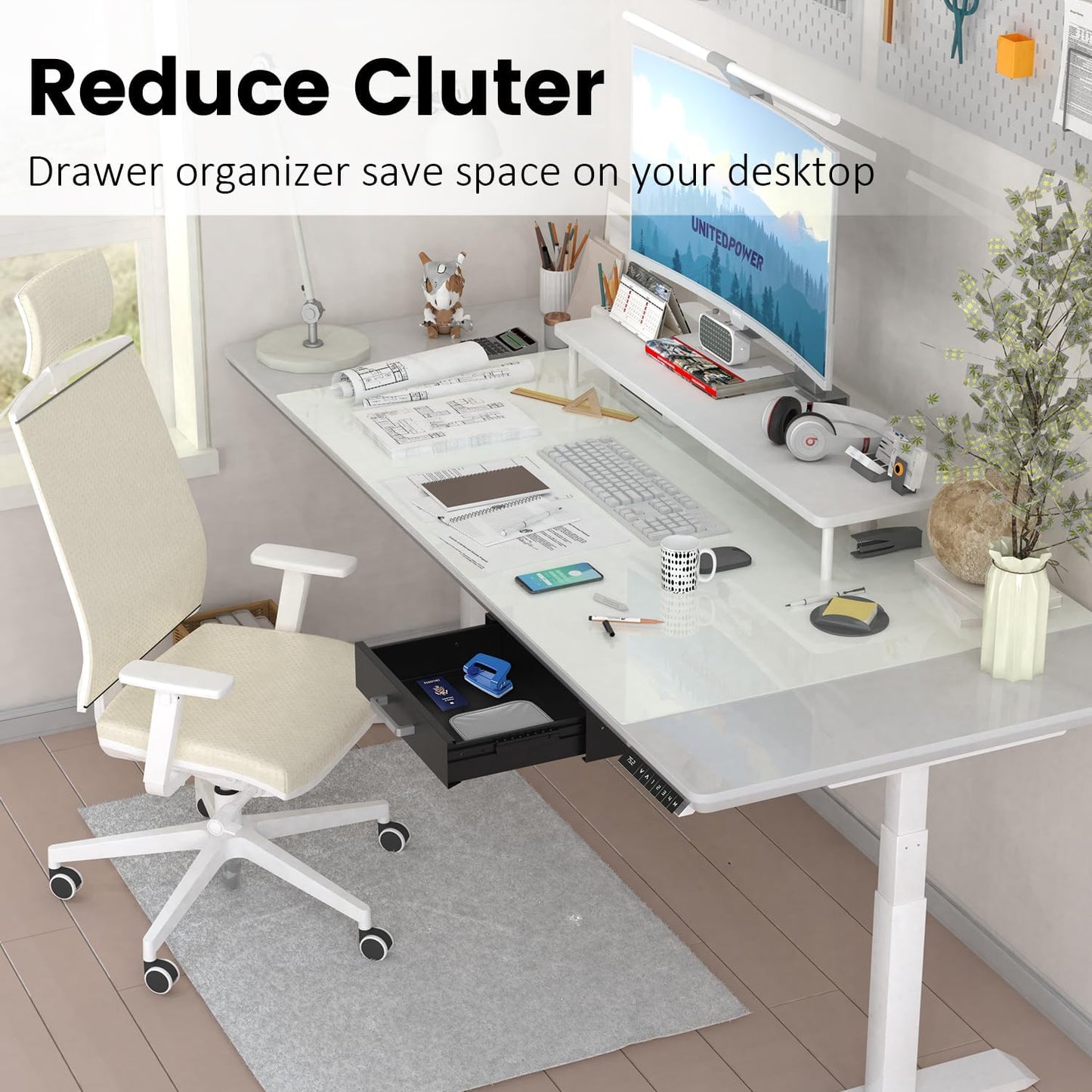 UNITEDPOWER Under Desk Drawer Storage, Pull-Out Office Hidden Counter Drawer, Metal Sliding Organizer Mount Below Table for Standing Electric Adjustable Height Desk, Black