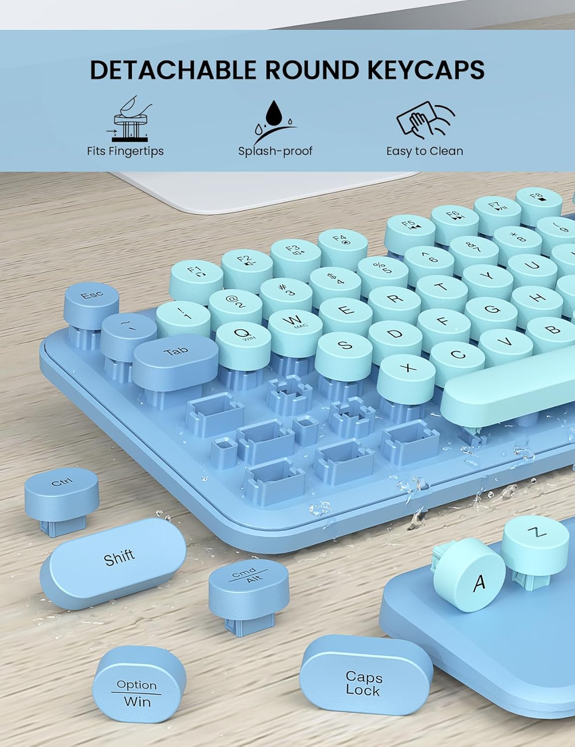 Wireless Keyboard and Mouse Combo - Cute Typewriter Keyboard with Detachable Wrist Rest, Retro Round Keycaps, Foldable Legs, 2.4GHz Full-Size for PC, Laptop, Windows - Trueque (Glacier Blue)