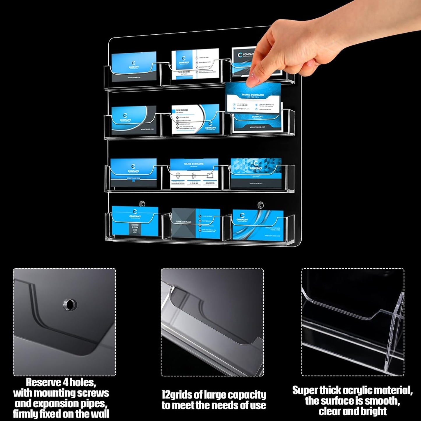 Lincia 2 Pieces Acrylic Business Card Holder Wall Mount Clear Sticker Display Rack Multiple Clear Acrylic Card Organizer Sticker Display Stand Pre Drilled Index Card Storage(12 Pockets)