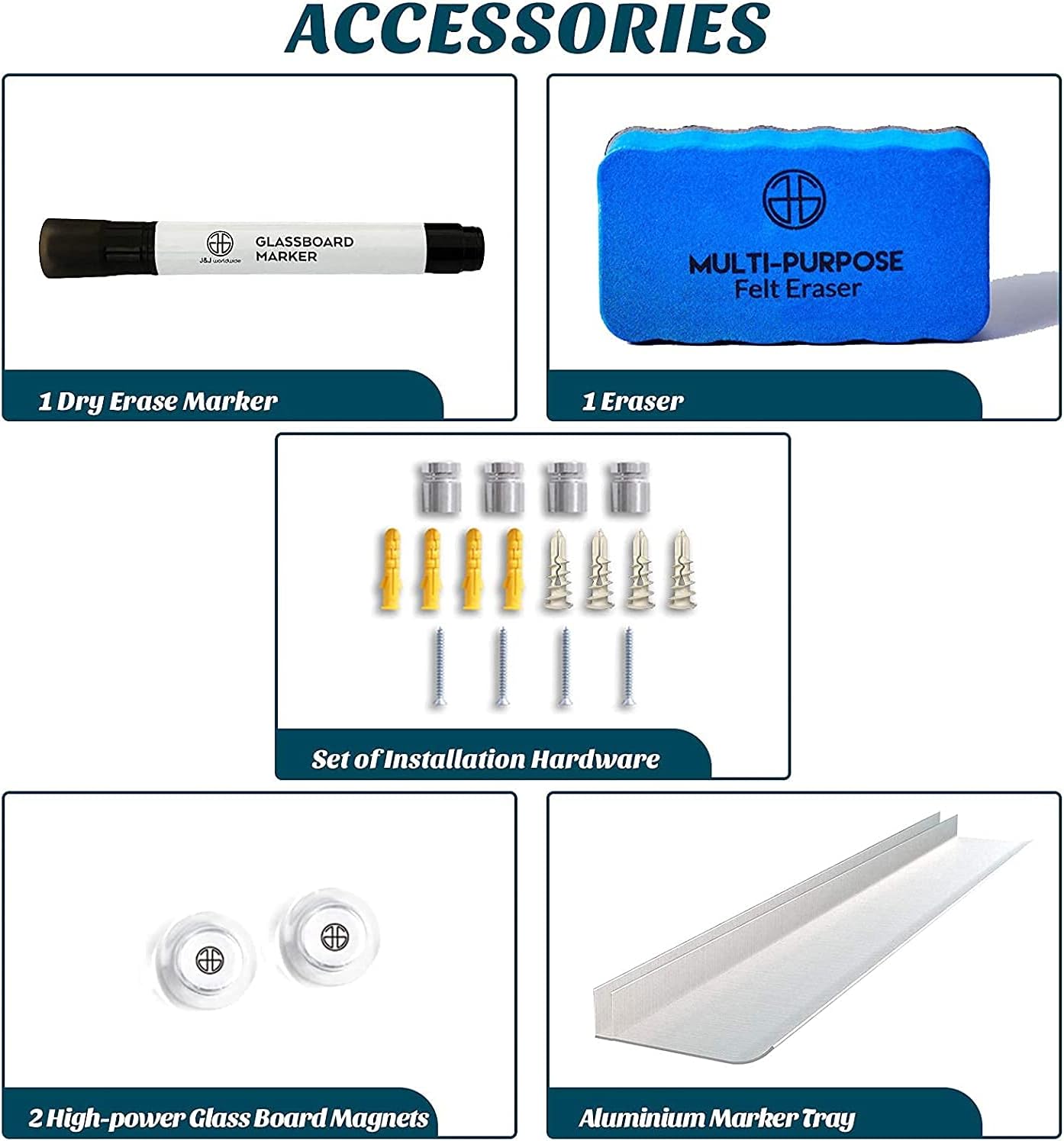 J&J worldwide Glass Dry Erase Board 23 x 35, Whiteboard Magnetic, Large Frameless White Boards for Walls, Includes Magnets, Marker Tray, Eraser for Office, Home, School