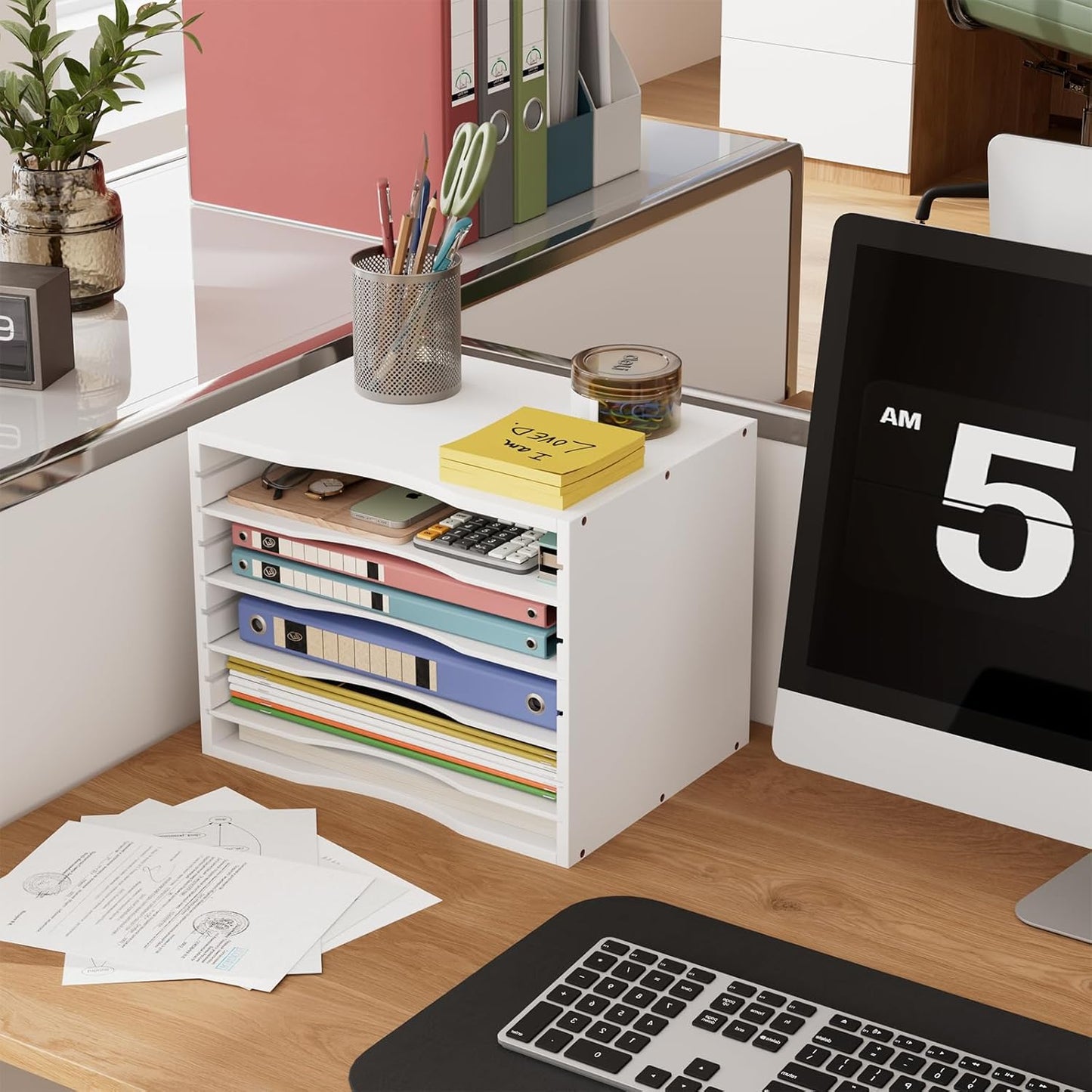 Bamjoy Bamboo 5 Tier Desktop Organizer, Paper Organizer Mail Sorter, File Holder Letter Document Storage with Adjustable Shelves for School Home Office, White