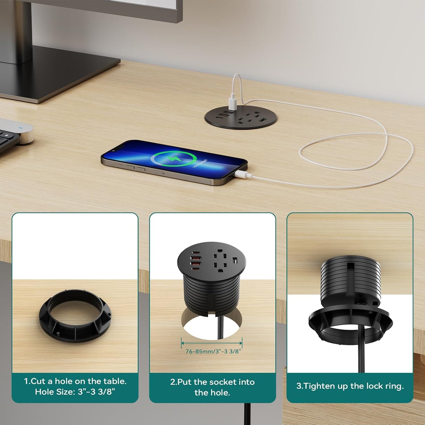 QBA Recessed Power Grommet with USB-C 35W, Desk Charging Station with 2 AC Outlets, 4 USB Ports, 3 Inch Flush Mount Power Outlet for Home Office Furniture