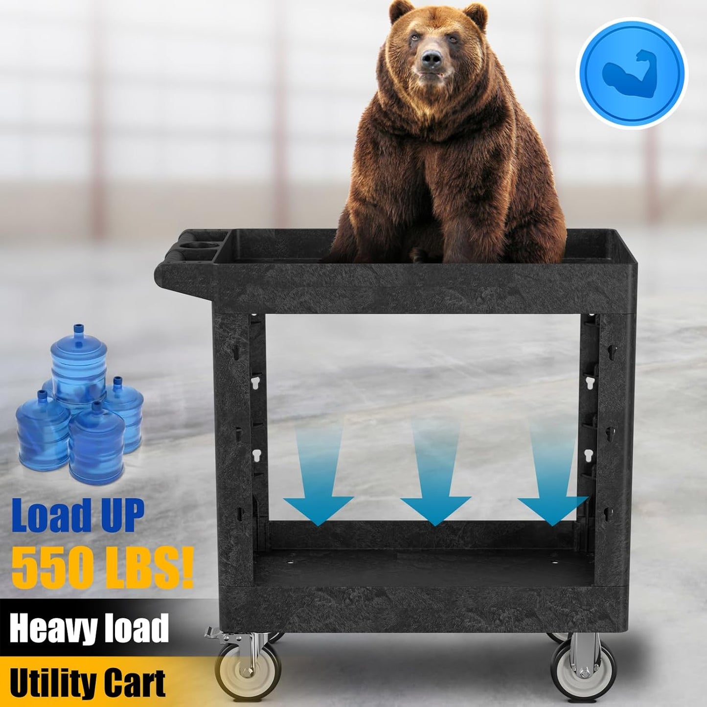 Service Utility Plastic Tool Cart, 34 x 17-Inch Rolling With Deep 2-Shelf, Heavy Duty Wheels, 550 lbs Capacity Organizer for Garage, Warehouse, Workshop