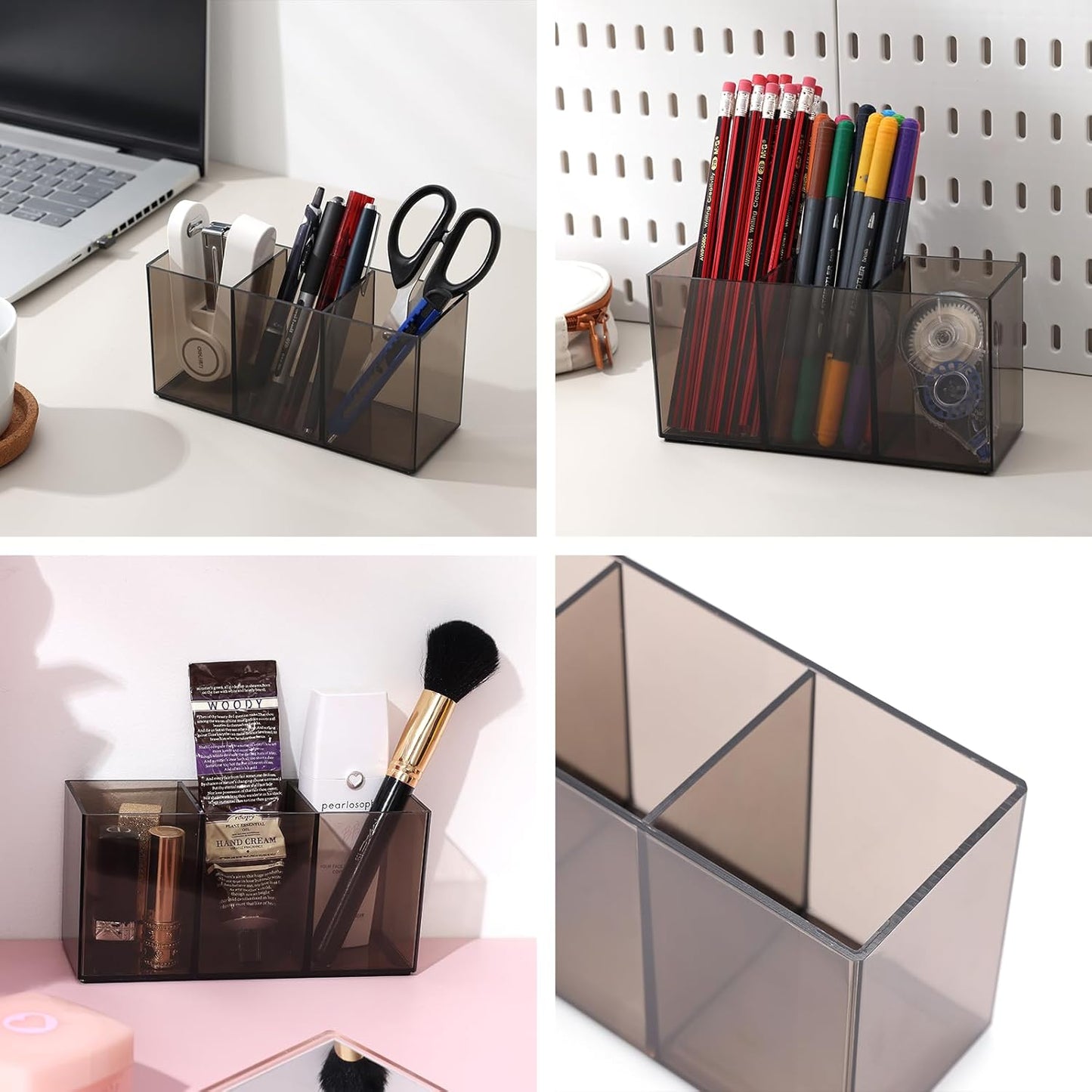 Ludato 2 Pack Pen Pencil Holder for Desk, 3 Compartments Clear Acrylic Makeup Brush Holder straw holder Storage for Office Desk Accessories