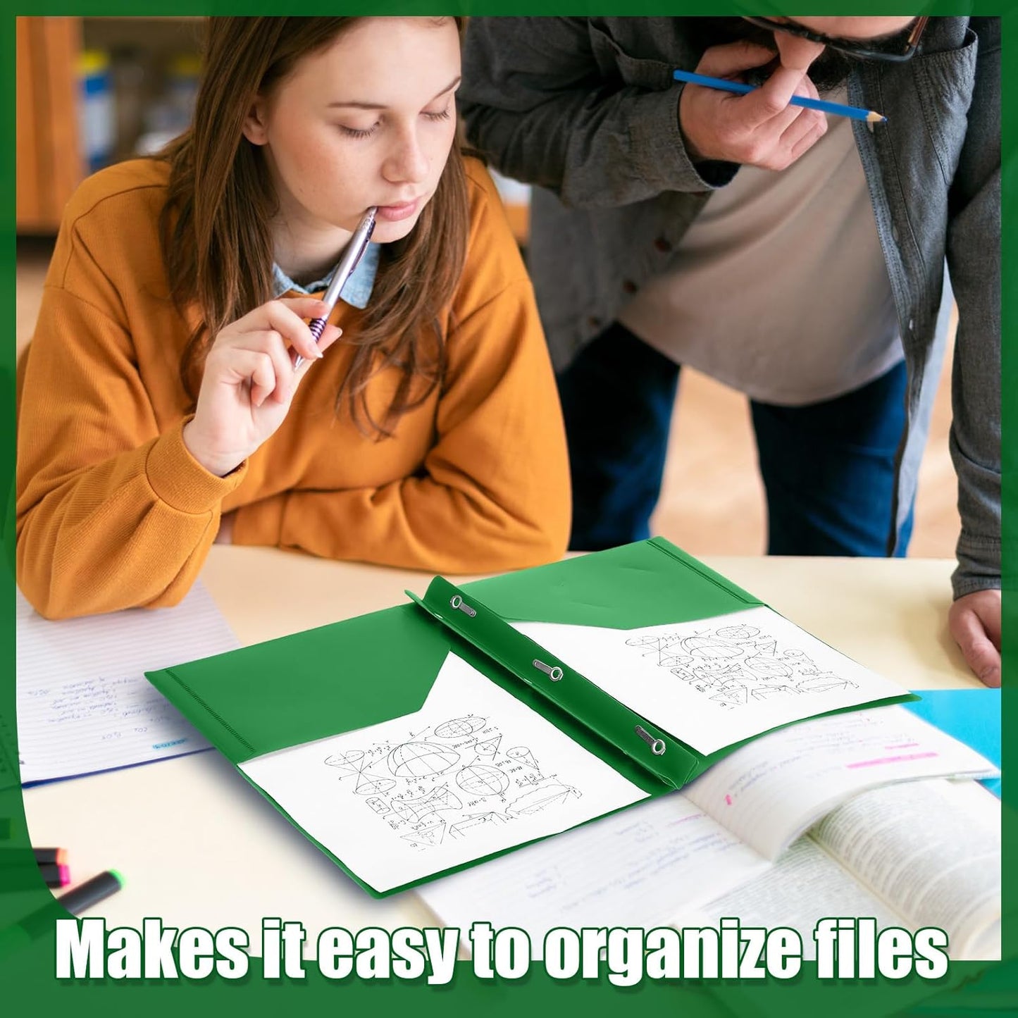 Lincia 100 Pcs Plastic Folders with Pockets and Prong Folders with Prongs 2 Pockets for Office, School for Students, Teachers, Office Workers(Deep Green)