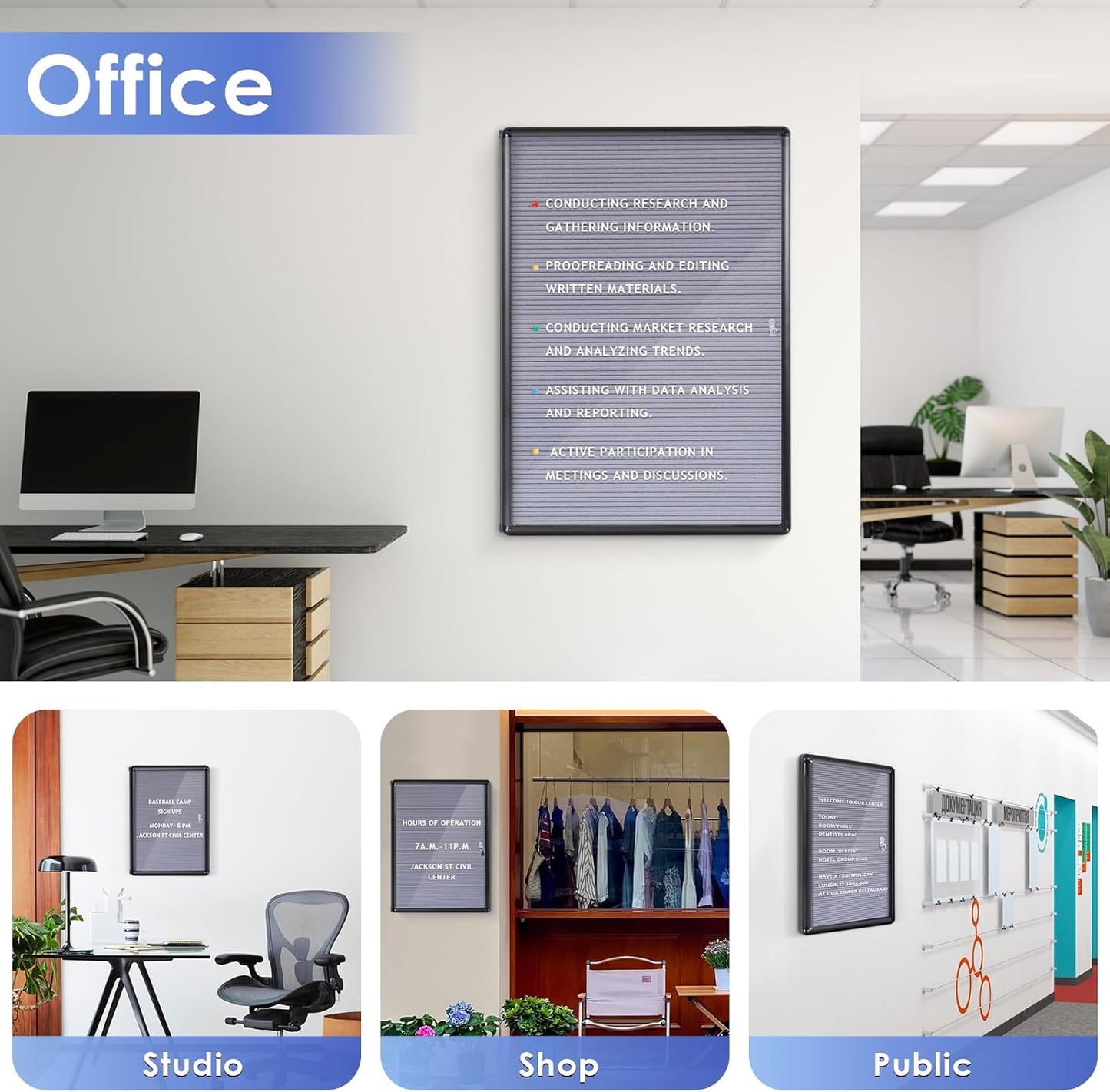 S SWANCROWN Enclosed Bulletin Board with Locking Door 26x20 in, Lockable Felt Letter Board Sign Tamperproof Message Board for Office School Home, Black Aluminum Frame, Grey