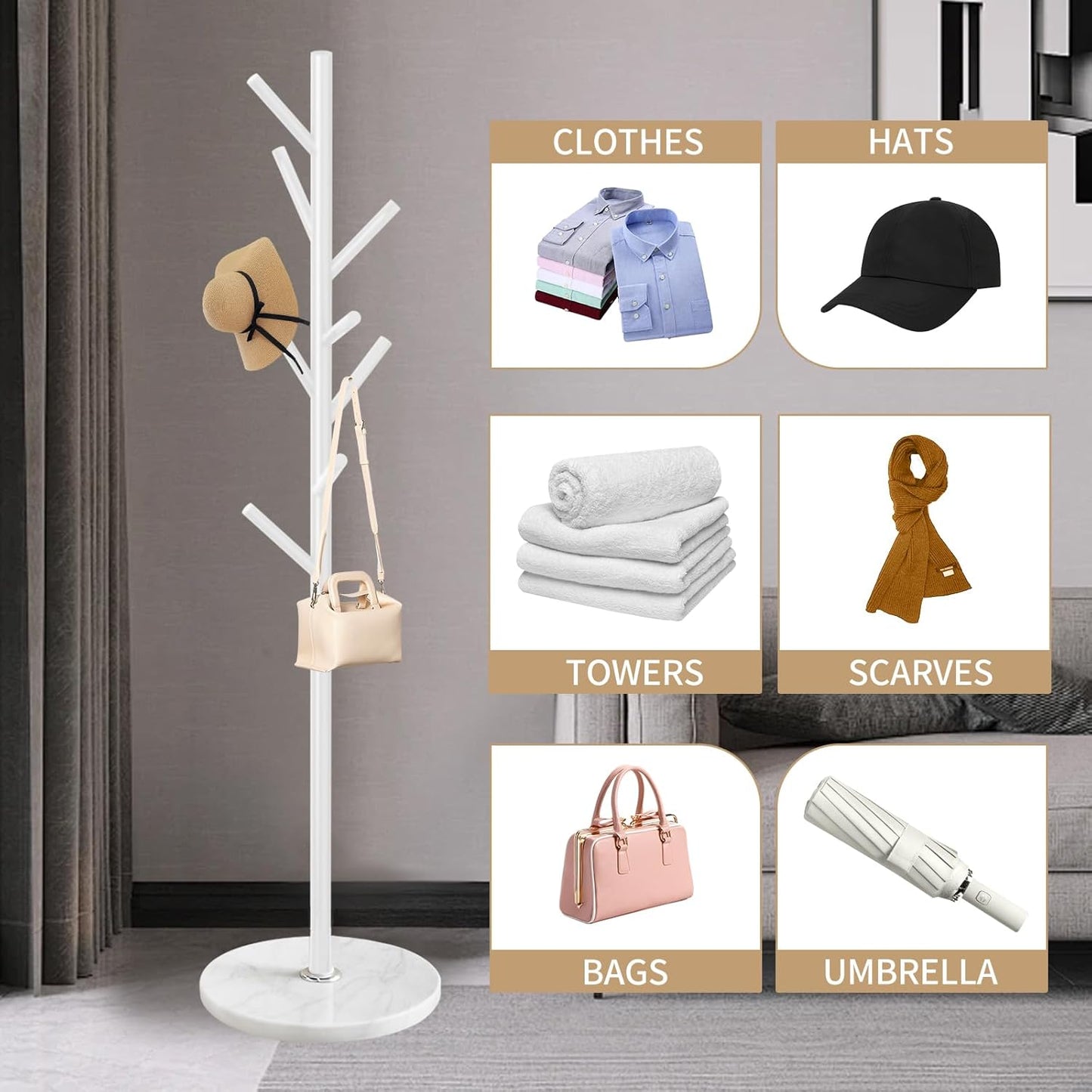 Coat Rack Stand with Natural Marble Base, Metal Coat Rack Freestanding, Modern Coat Racks, Heavy Duty Standing Coat Tree Hanger for Jacket, Bag, Entryway, Office