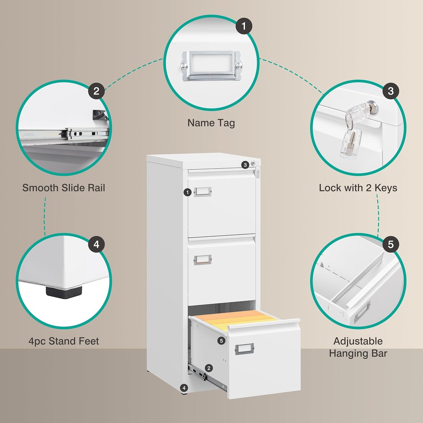 SISESOL 3 Drawer File Cabinet with Lock and Tag,Narrow Three Drawer Filing Cabinet,Vertical Metal File Cabinets,White Filing Cabinets for Home Office Fit Letter/A4/Legal Size File,Easy Assembly