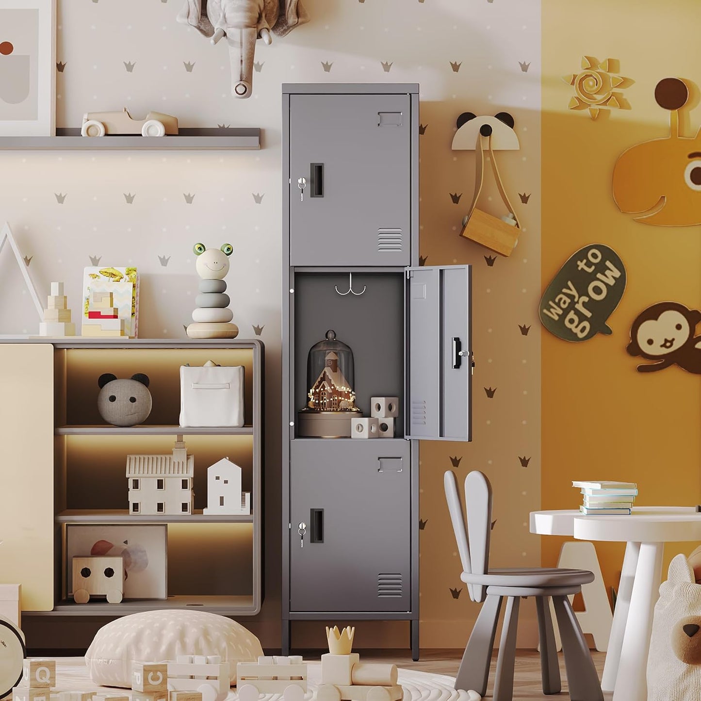 Metal Locker with Hooks and Ventilation Holes,Metal Storage Locker with Keys and Business Card Slof for Home,Gym,Garage,School,Office,66" H×15.75" W× 15.75" D,Assembly Required,Dark Grey