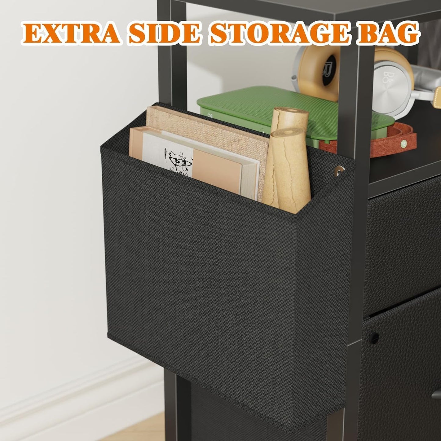 2 Drawer File Cabinet with 24'' Extended Desktop, Mobile Filing Cabinet, Rolling File Cabinet with Side Bag, Fabric Drawer, Fits A4 Size, Home Office, Black