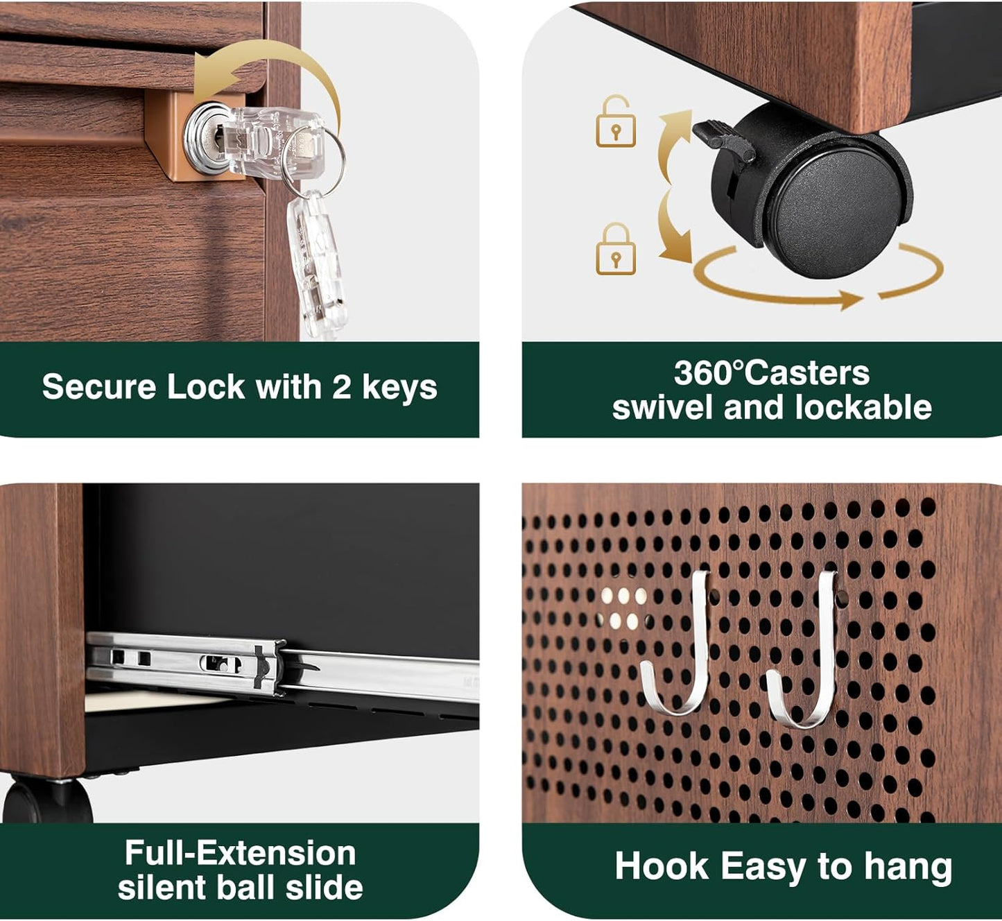 2 Drawer Mobile File Cabinet,Metal File Cabinet with Lock,Lateral Printer Stand Filling Storage Cabinet for Home Office-A4/F4/Letter(Wood