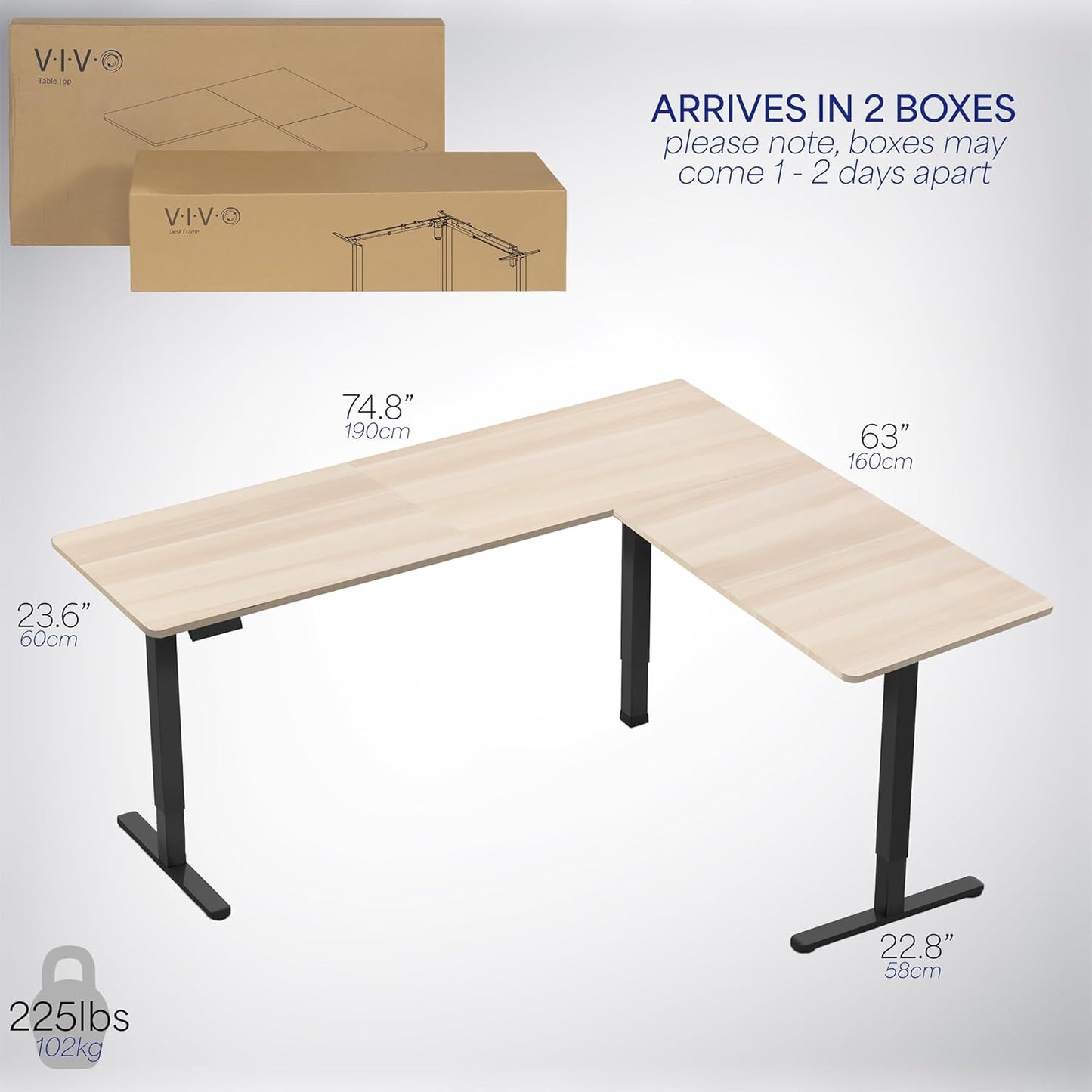 VIVO Electric Corner L-Shaped 75 x 63 in Standing Desk, Memory Height Adjustment, Light Wood Top Black Frame, DESK-E3CTBC-75