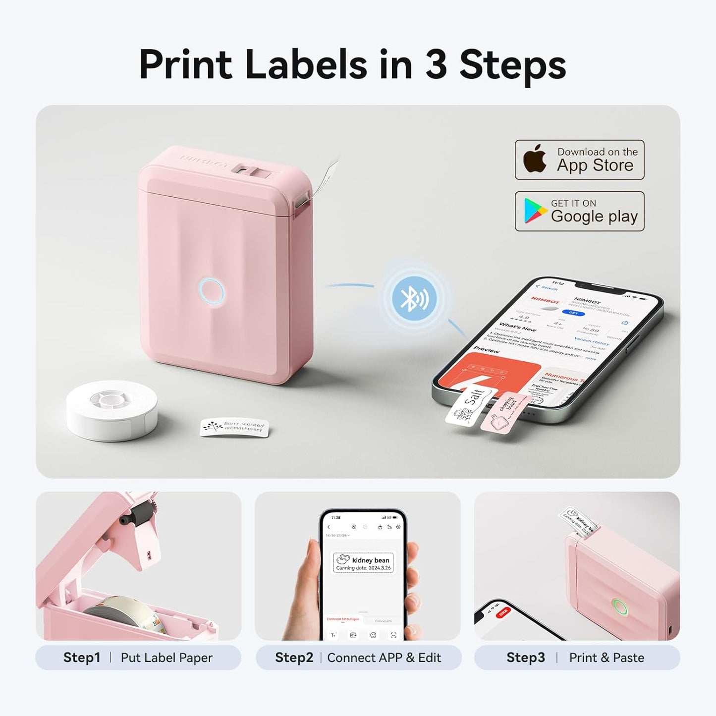 NIIMBOT D110 Upgraded Version Mini Label Maker Machine with Tape, Portable Bluetooth Thermal Printer, Sticker Labeler with Multiple Templates for Office Organization Home Kitchen School, Pink