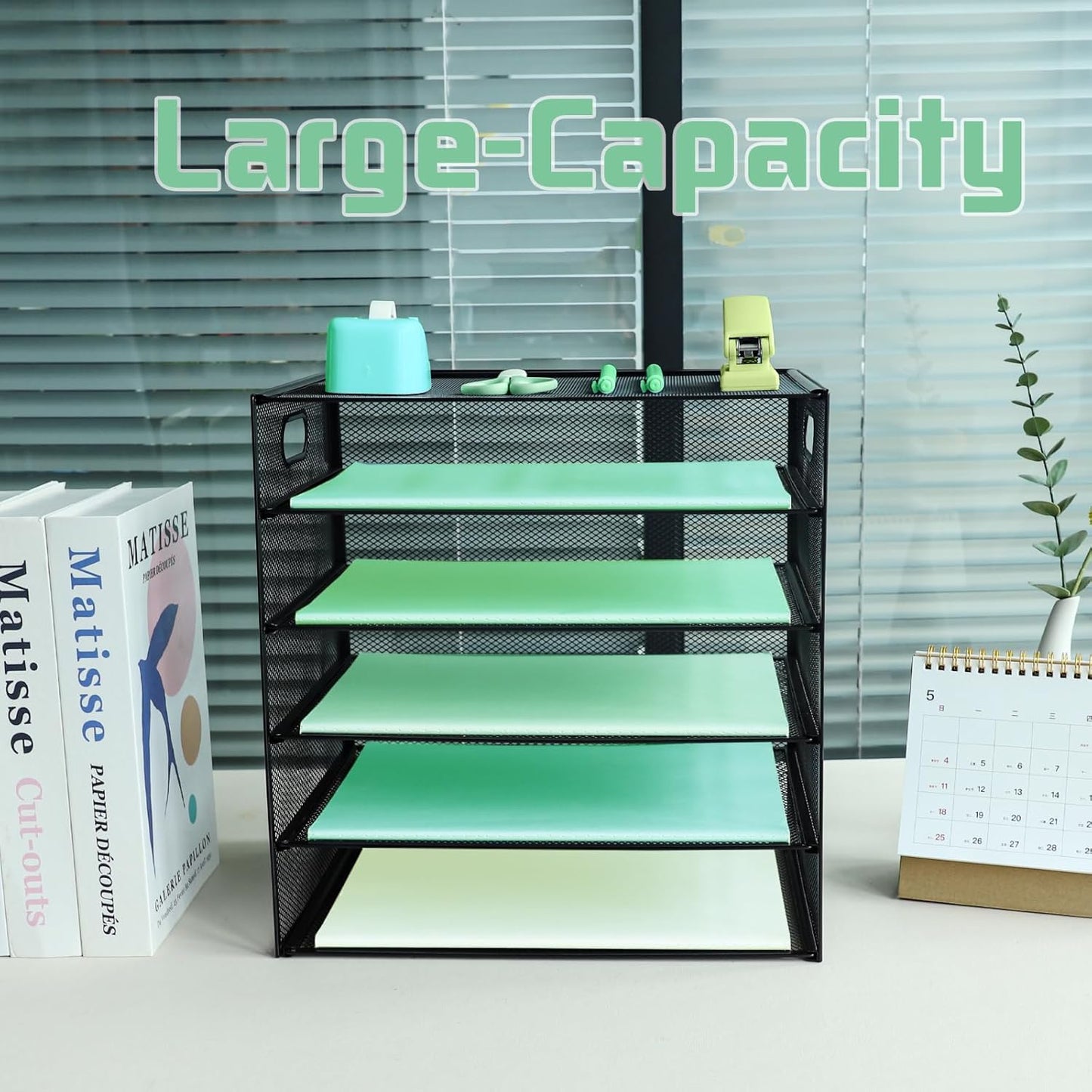 Paper Letter Tray with Handle, 5 Tier Metal Mesh Desk File Organizer, A4 Paper Desktop Filing Trays, Desk Tidy Magazine Document Holder for Home Office, Black
