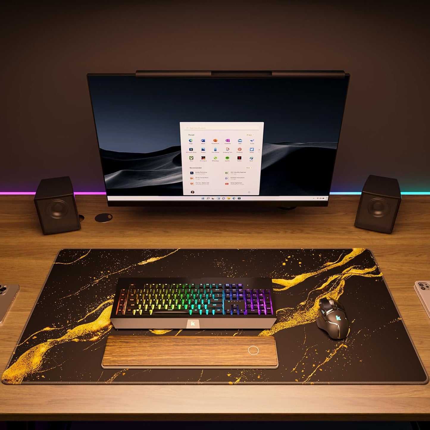 KTRIO Large Gaming Mouse Pad with Stitched Edges, Extended Mousepad with Superior Micro-Weave Cloth, Non-Slip Base, Water Resist Keyboard Pad for Gamer, Office & Home, 31.5x15.7in, Black Gold