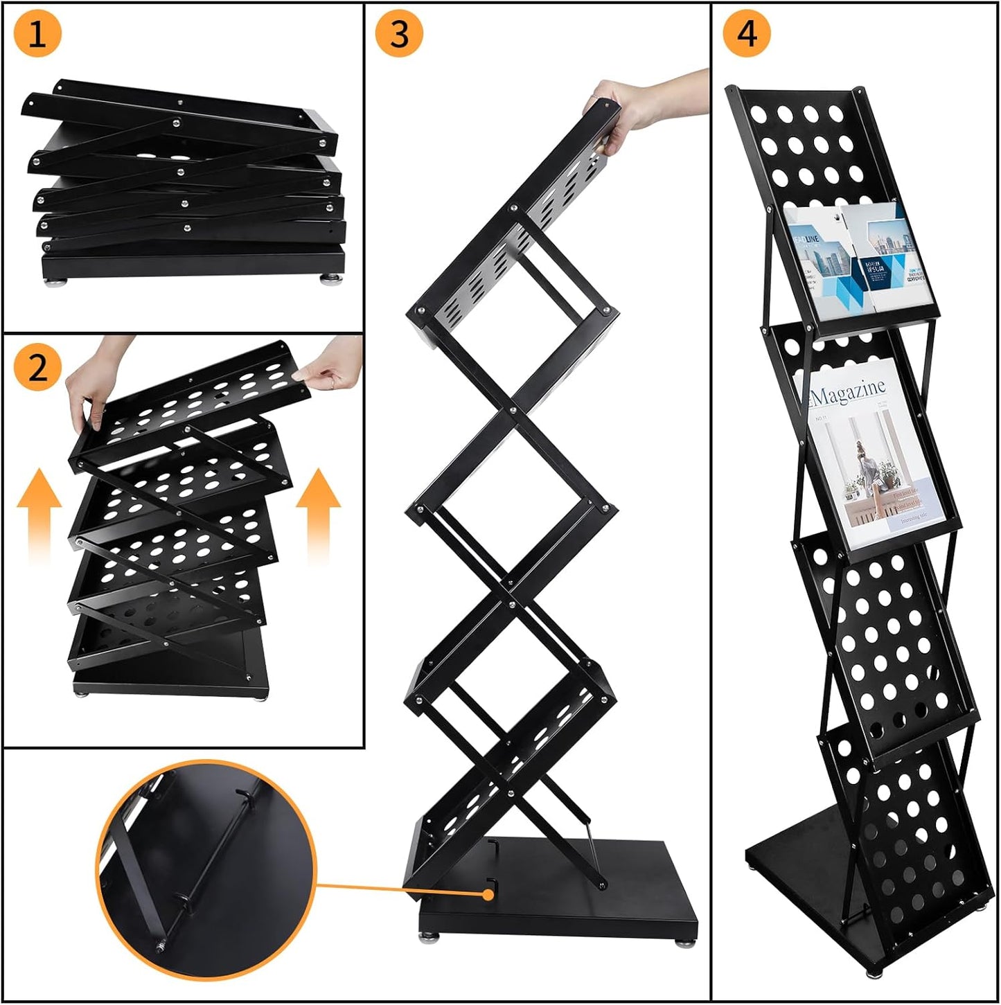 4 Pocket Folding Metal Black Literature Rack with Case Brochure Stand for Trade Show Exhibition Office Retail