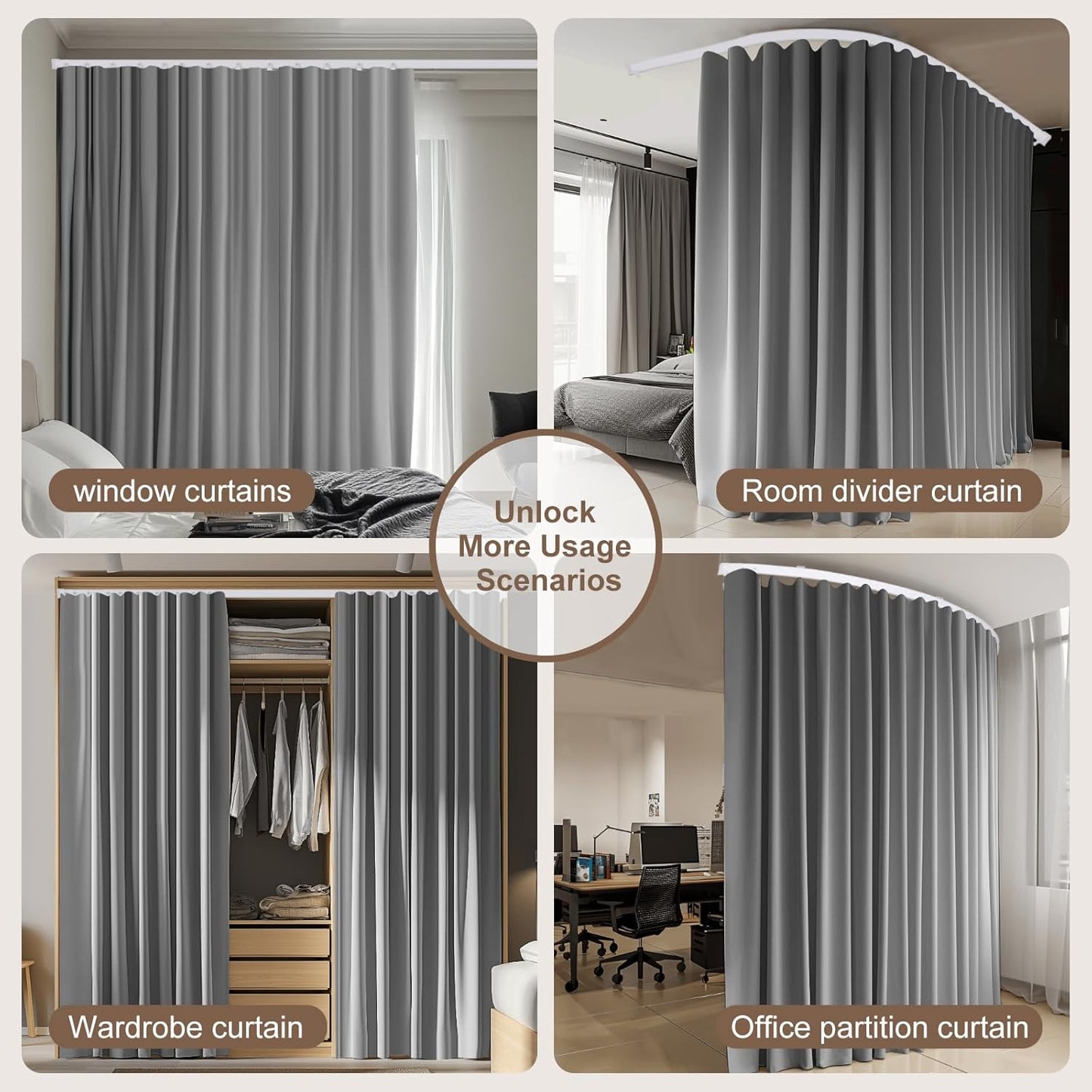 Room Divider Curtains & Flexible Bendable Tracks Set,Privacy Dividers Ceiling Track Curtain Window Blackout Curtains for Living Room Bedroom (W100 × H84 in 1 Panel Grey Drape & White Rail)
