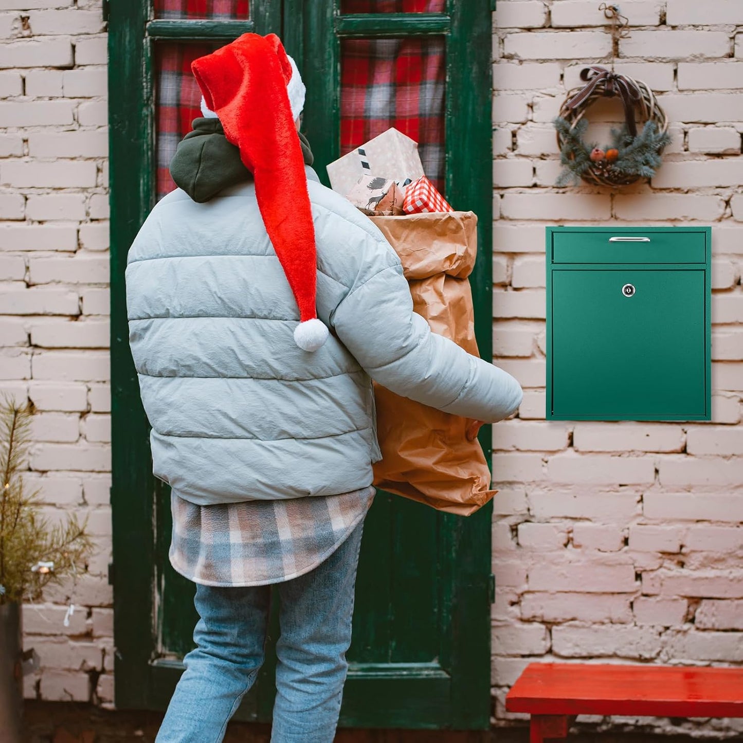 Locking Mailbox with Key for Outdoor 12 x 10.5 x 4.7 Inches Large Wall Mount Mail Box with Lock Security Mail Drop Metal Collection Boxes Hanging Secure Postbox(Green)