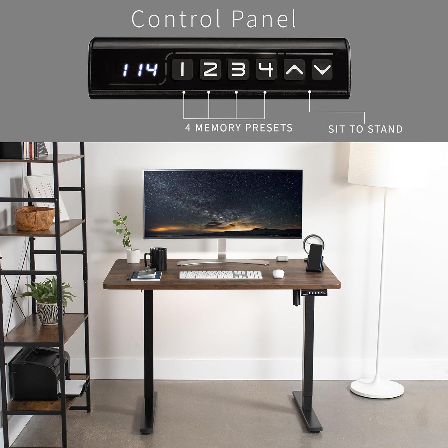 VIVO Electric 48 x 30 in Rustic Standing Desk, Memory Height Adjustment, 1B Series, One-Piece Vintage Brown Top, Black Frame, DESK-KIT-1B5N