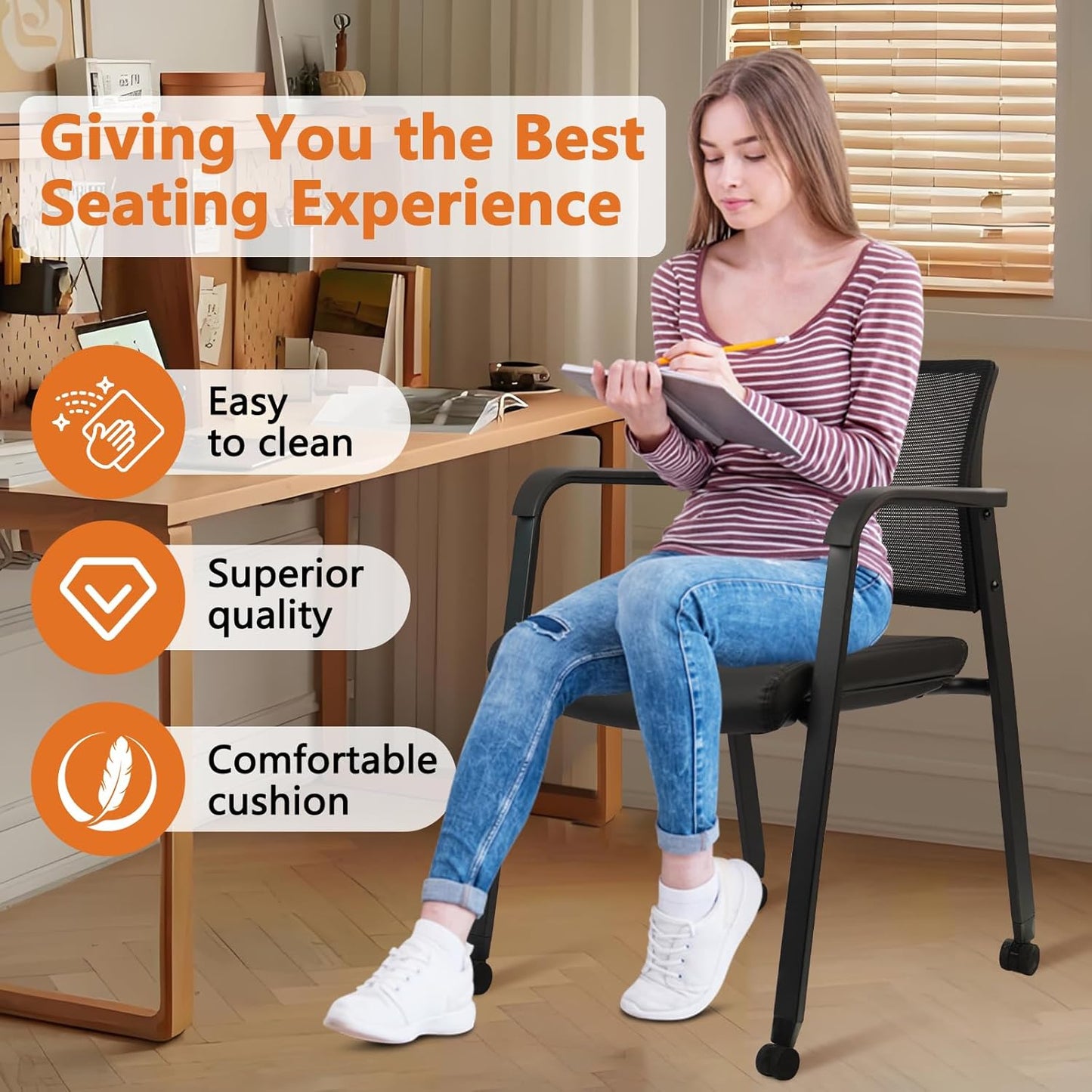 CLATINA Stacking Office Chair with Wheels, Mesh Back Waiting Room Guest Chairs with Arms Comfortable Leather Cushion Stackable Desk Chair for Conference Reception School Side Stationary, Black, 2PK