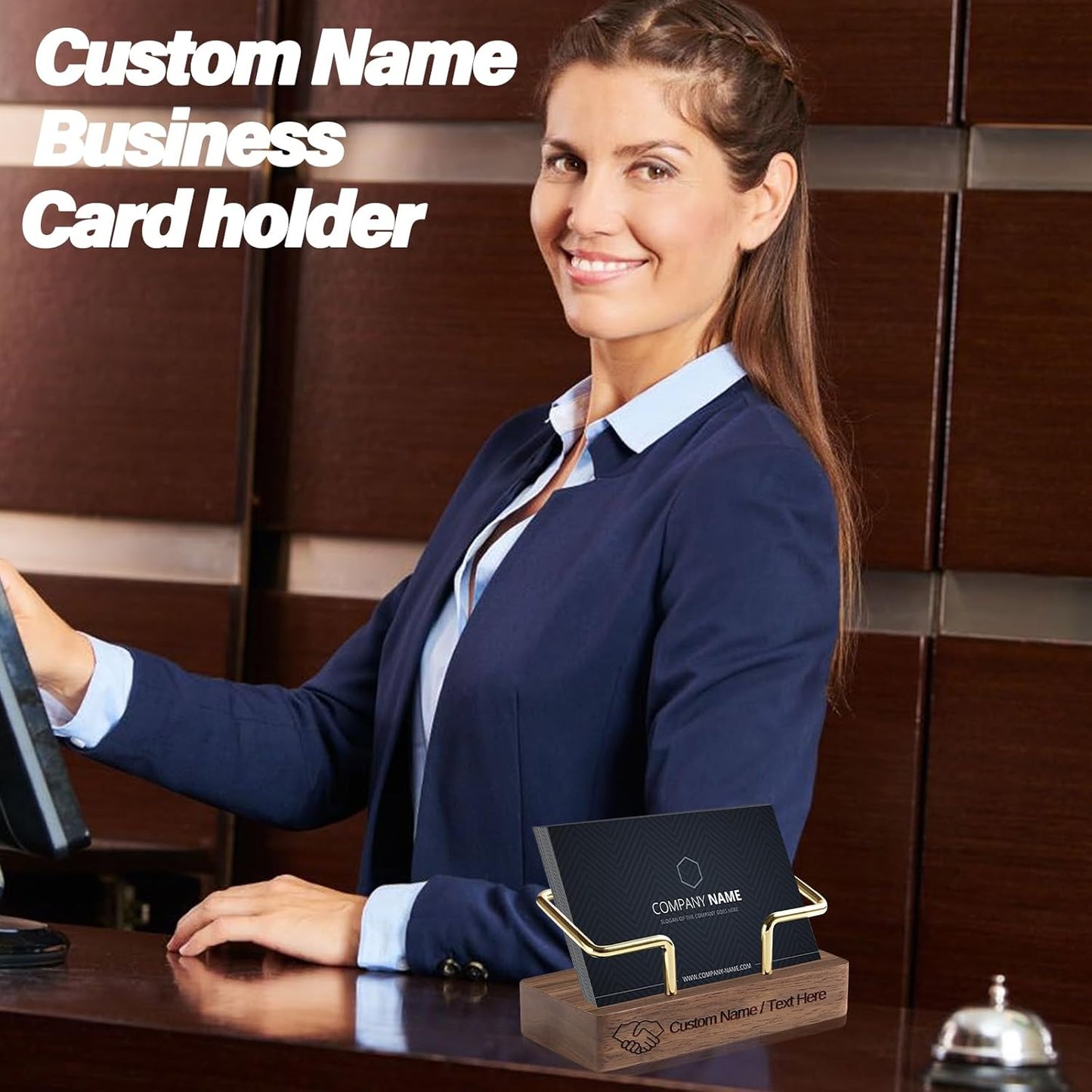 Custom Business Card Holder Desk-Personalized Engraved Wooden Business Card Case Holder, Customized Name Logo Business Card Display Gifts for Men Women (Black - Walnut)