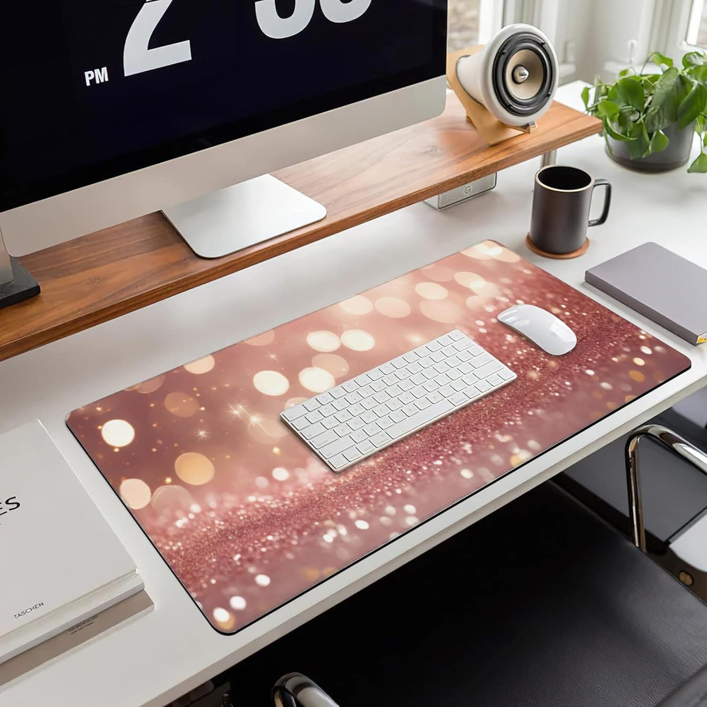 Extended Large Gaming Mouse Pad, Rose Pink Glitter Large Desk Mat for Desktop XXL, Non-Slip Rubber Base Stitched Edges Long Computer Keyboard Desk Pad Mouse Mat for Gaming Home Office 35.4"X15.7"