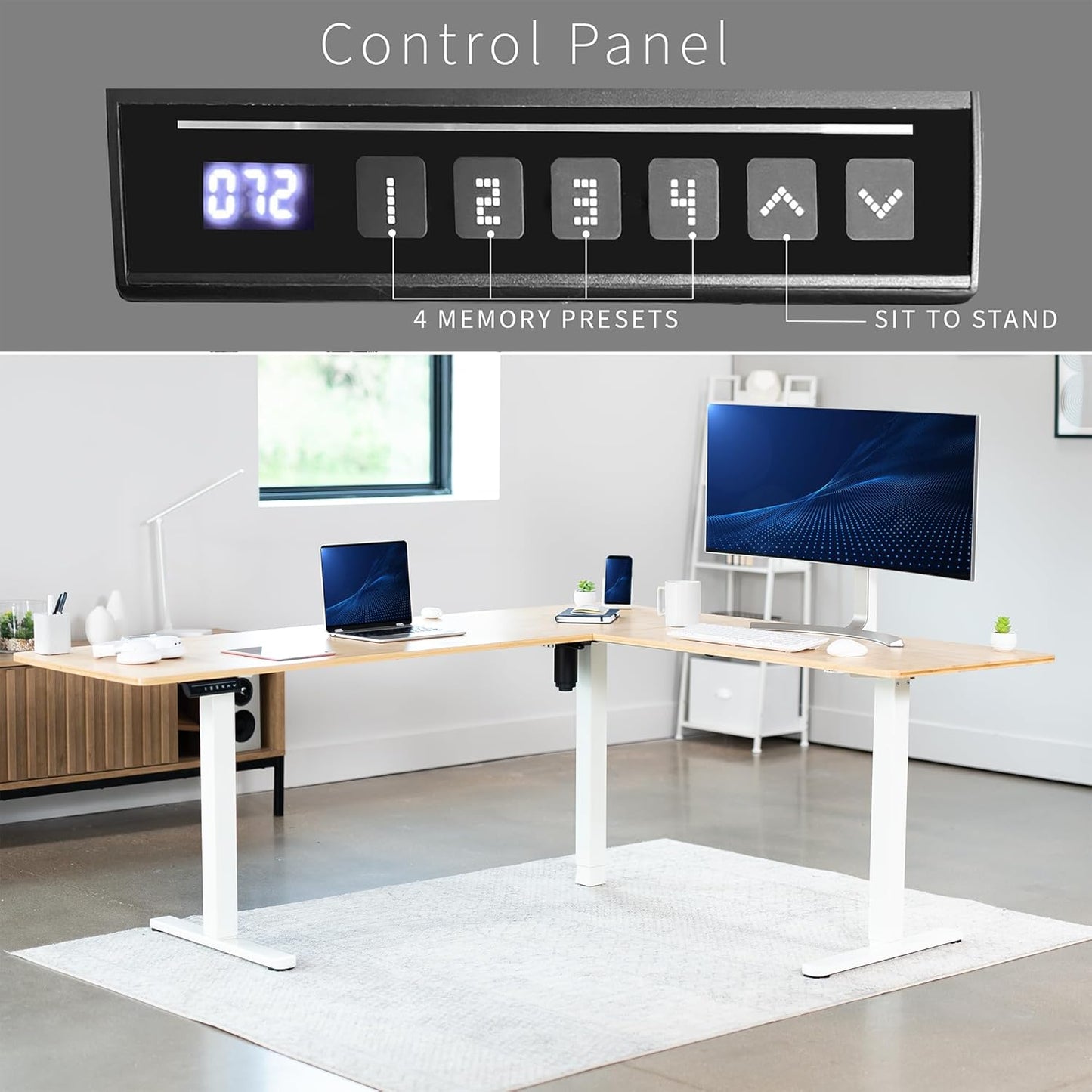 VIVO Electric Corner L-Shaped 75 x 63 in Real Bamboo Standing Desk, Memory Height Adjustment, White Frame, DESK-E3CTWO-75