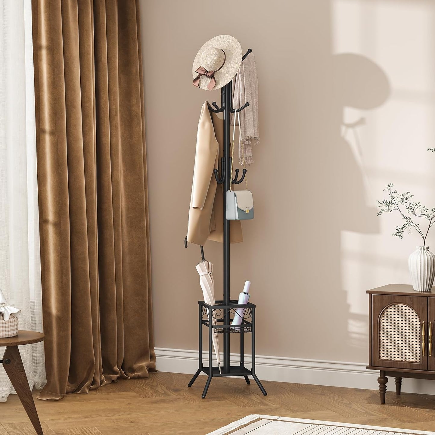 ELYKEN Coat Rack Freestanding, Metal Coat Rack Stand with Umbrella Holder, Modern Coat Tree with 12 Hooks, Floor Standing Corner Hall Tree for Entryway Living Room Bedroom Office, Black