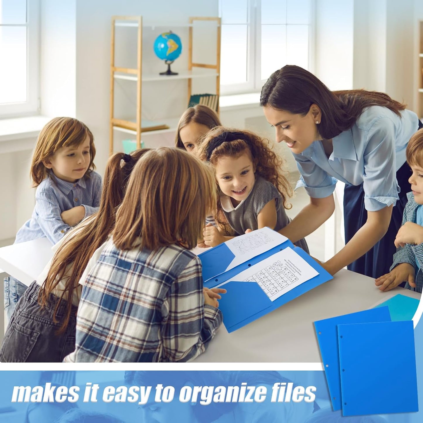 Yeaqee 100 Pcs Plastic Folders with Pockets Bulk 3 Hole Punched 2 Pocket File Folders for 3 Ring Binder Divider Folder for Notebooks, Durable Poly for Office Home (Blue)