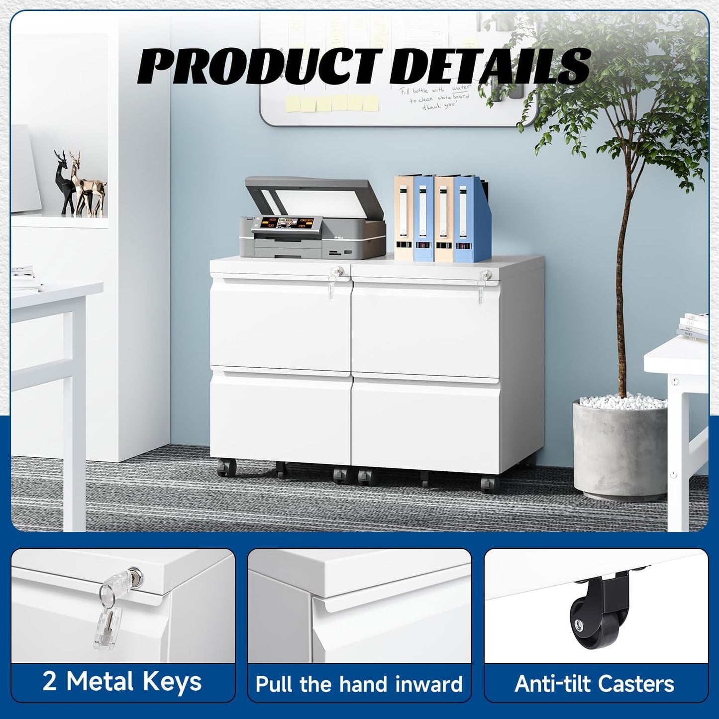 2 Drawers Vertical File Cabinet - Fully Assembled White Under Desk Mobile Filling Cabinet Small Lockable Home Office File Cabinets for A4/Letter/Legal Size