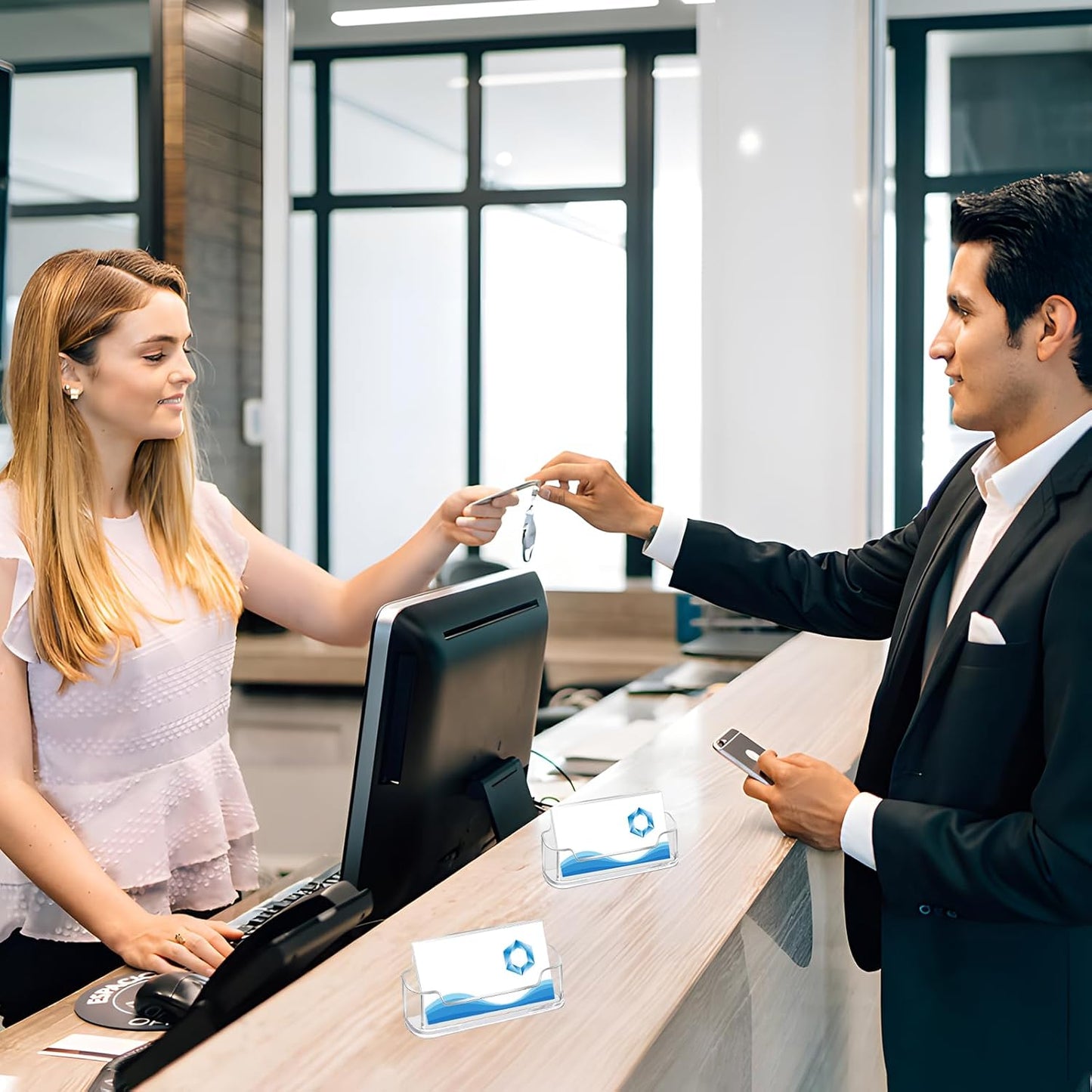 Mototo Acrylic Business Card Holder for Desk, 40 Pack Plastic Business Card Display Clear Business Card Holder Desktop Cards Stand for Home Office Exhibition Desk Table, Fits 30-50 Business Cards