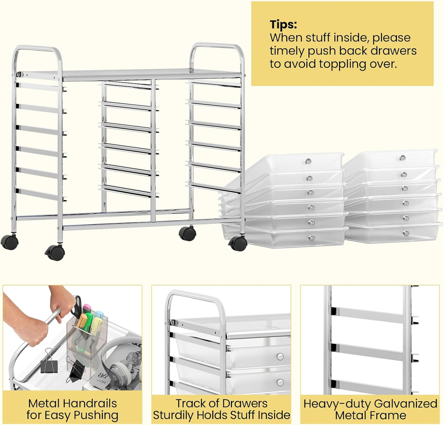 Giantex 12 Drawers Rolling Cart, Mobile Storage Drawer Cart, Classroom Organizer Cart for Office School Supplies Tools Scrapbook Paper Craft Small Printer, Utility Cart on Wheels, Clear