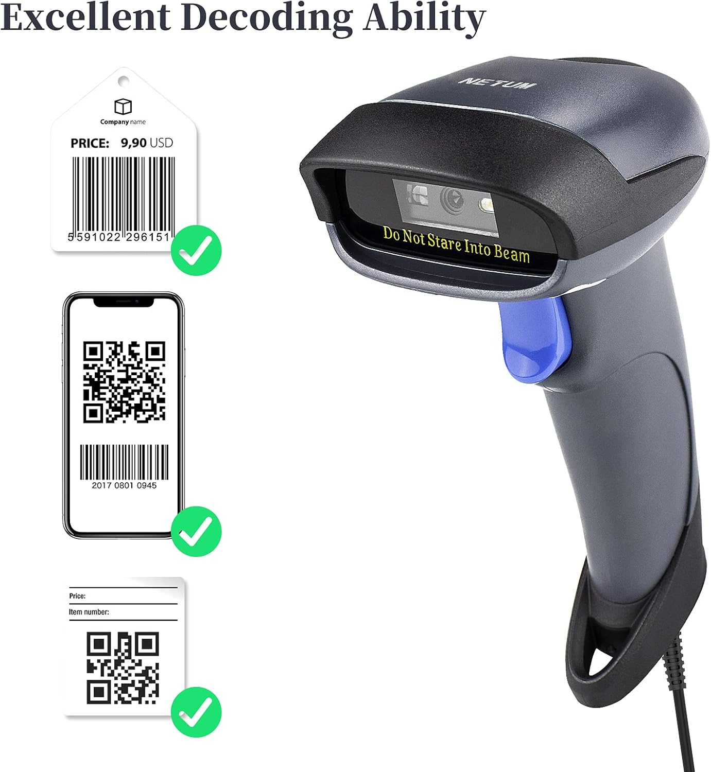 NETUM 2D Barcode Scanner with Stand USB 2.0 Wired QR Code Imager Automatic Barcode Reader Handhold Scanner Gun with USB Cable for Laptops, Computers, Cashier, POS -M5S