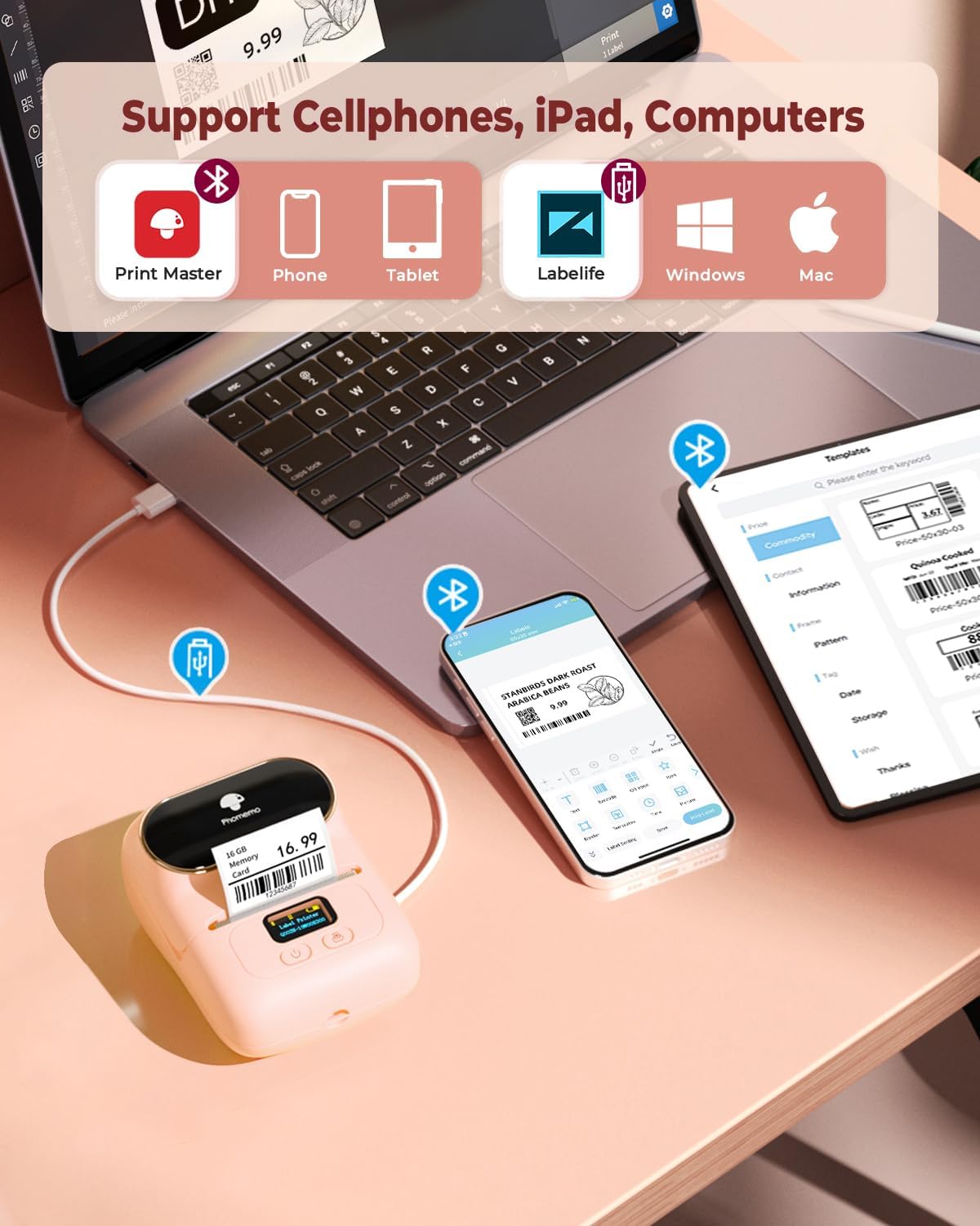 Phomemo Label Printer M110 Upgraded Label Maker Bluetooth No Ink Portable for Small Business, Address, Office, Home for Phone; for PC/Mac(USB), with 100 Labels, Baby Pink