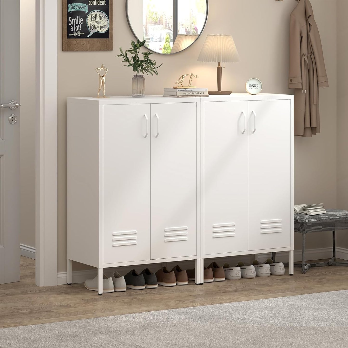 Metal Cabinet Storage,Metal Shoe Cabinet with Shelves,2 Door Storage Cabinet for Living Room,Entryway,White