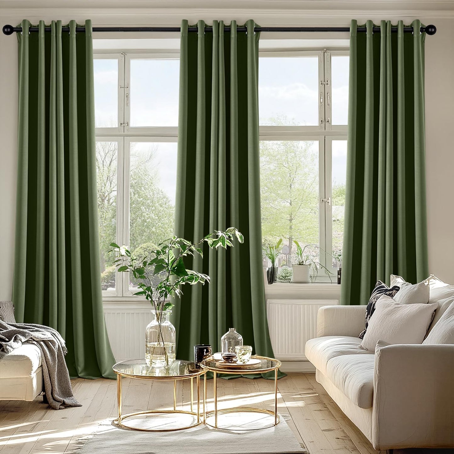 MIULEE Olive Green Blackout Curtains for Bedroom Living Room 90 Inches Long 2 Panels, Thermal Insulated Room Darkening Drapes Solid Grommet Top Noise Reducing Dark Green Window Treatments 40x90 Inch