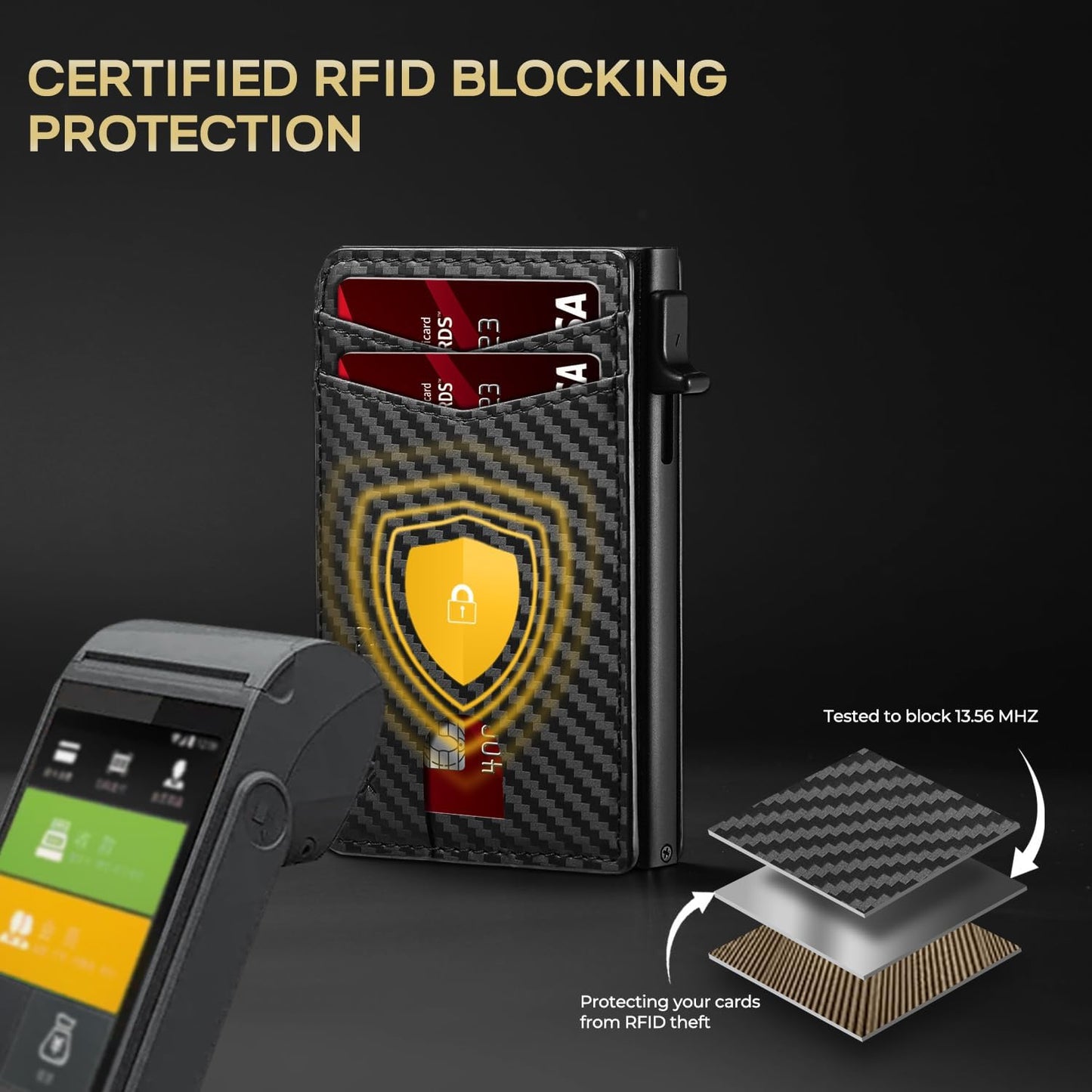 Slim Card Wallet for Men with ID Window – Minimalist RFID Wallet, Pop-Up Function, Ultra Thin Design, Metal Business Card Case Holds 8+ Cards, Gifts for Men, Men's Accessories