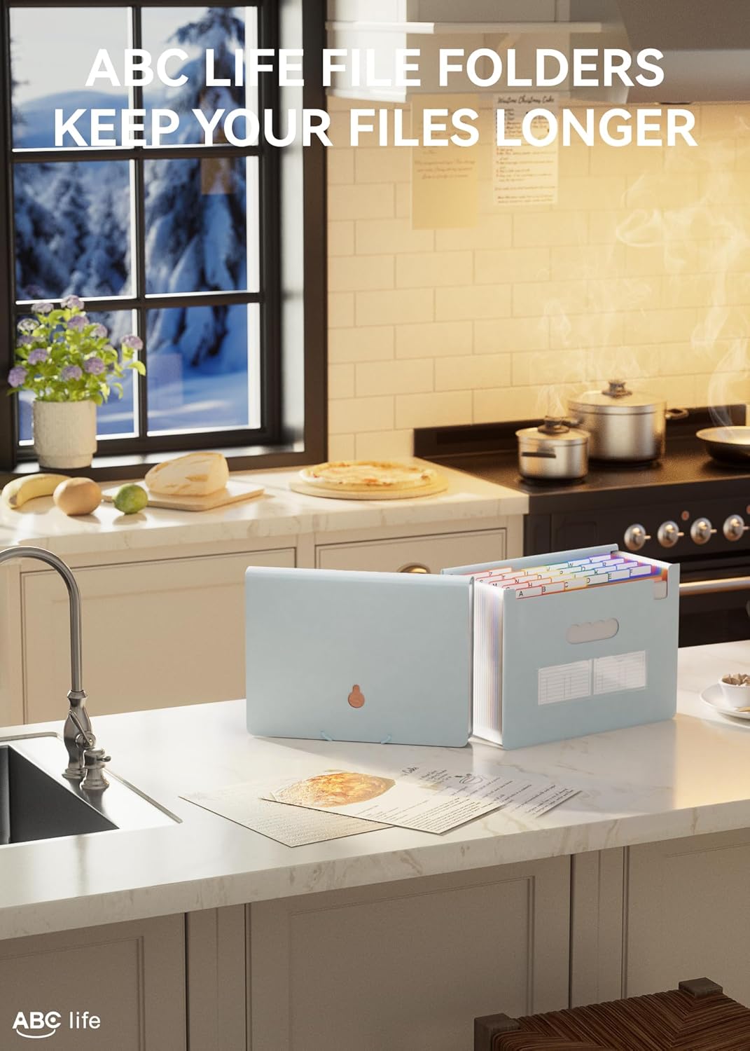 ABC life 26 Pockets Accordian File Organizer Expanding File Folders, Portable Letter A4 Size Filing Box,Plastic Monthly Receipt Document Organizer with Colored Tabs (Light Blue)