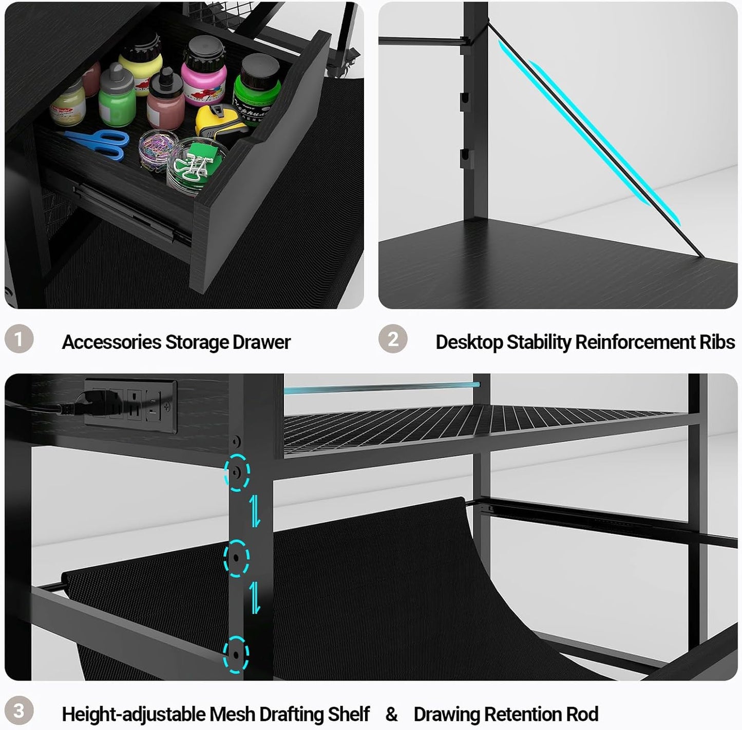 Natwind Wide Format Printer Stand, Plotter Workbench Table with Pull-Out Drafting Storage, Roll Paper Holder, Accessory Drawer, Adjustable Storage Shelf for Plotters and Cutting Machines (Black)