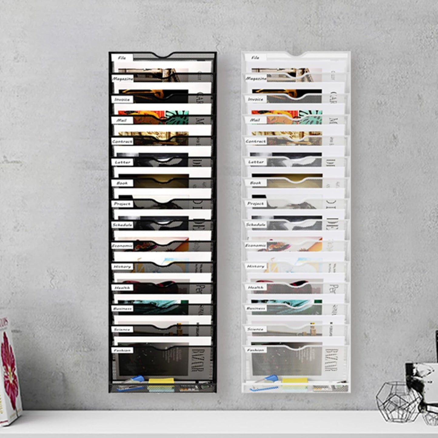 16 Tier Hanging Wall File Holder, Metal A4 Wall Mounted Document Holder, Vertical Hanging Mail Organizer, Magazine Storage Rack with Tray for Office Home Classroom, Black