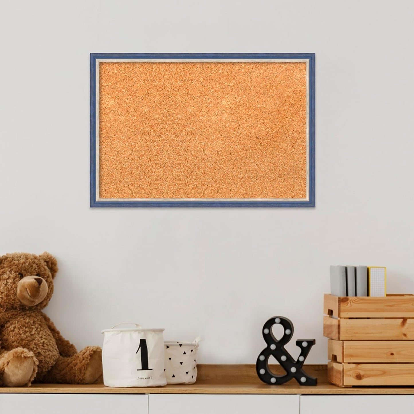 Amanti Art Natural Cork Board for Wall, 13x19 Vision Board with Blue Wood Frame, Small Corkboard Office Decor for Home Organization, Modern Corkboard Pinboard to Display Items for Home Organization