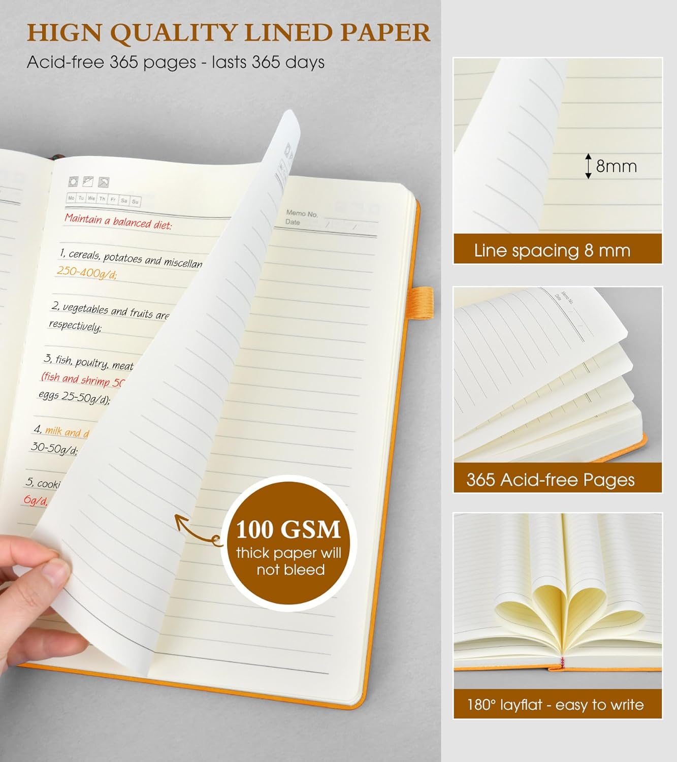 A5 Lined Journal Notebook - 365 Page Leather Journals for Writing Women & Men,Hardcover Notebook with 100Gsm Thick Pages,Daily Diary for Travel, Work,School,Note Taking,College Ruled (5.9" x 8.5")