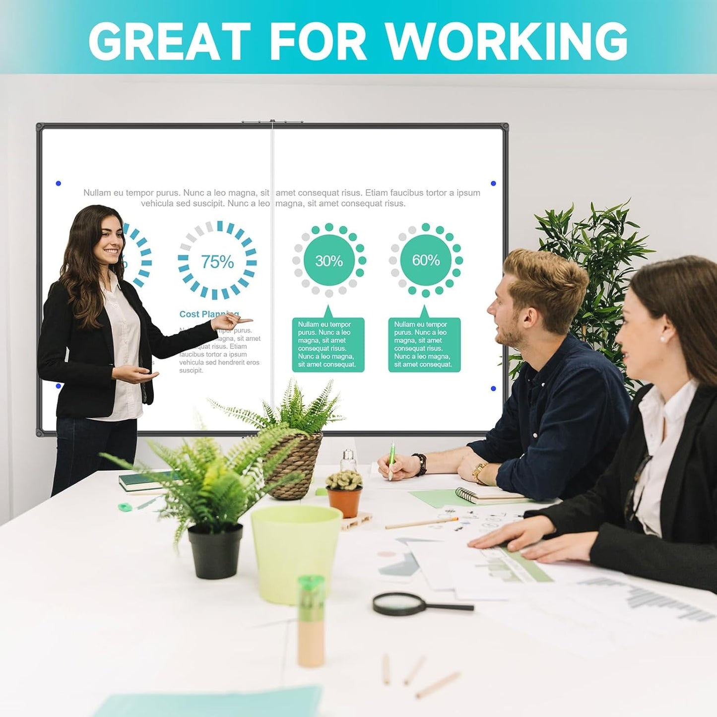 JILoffice Large Foldable White Board 60 x 48 Inches, Dry Erase Magnetic White Board, Black Aluminum Frame with 2 Detachable Marker Trays Wall Mounted Board for Office Home and School