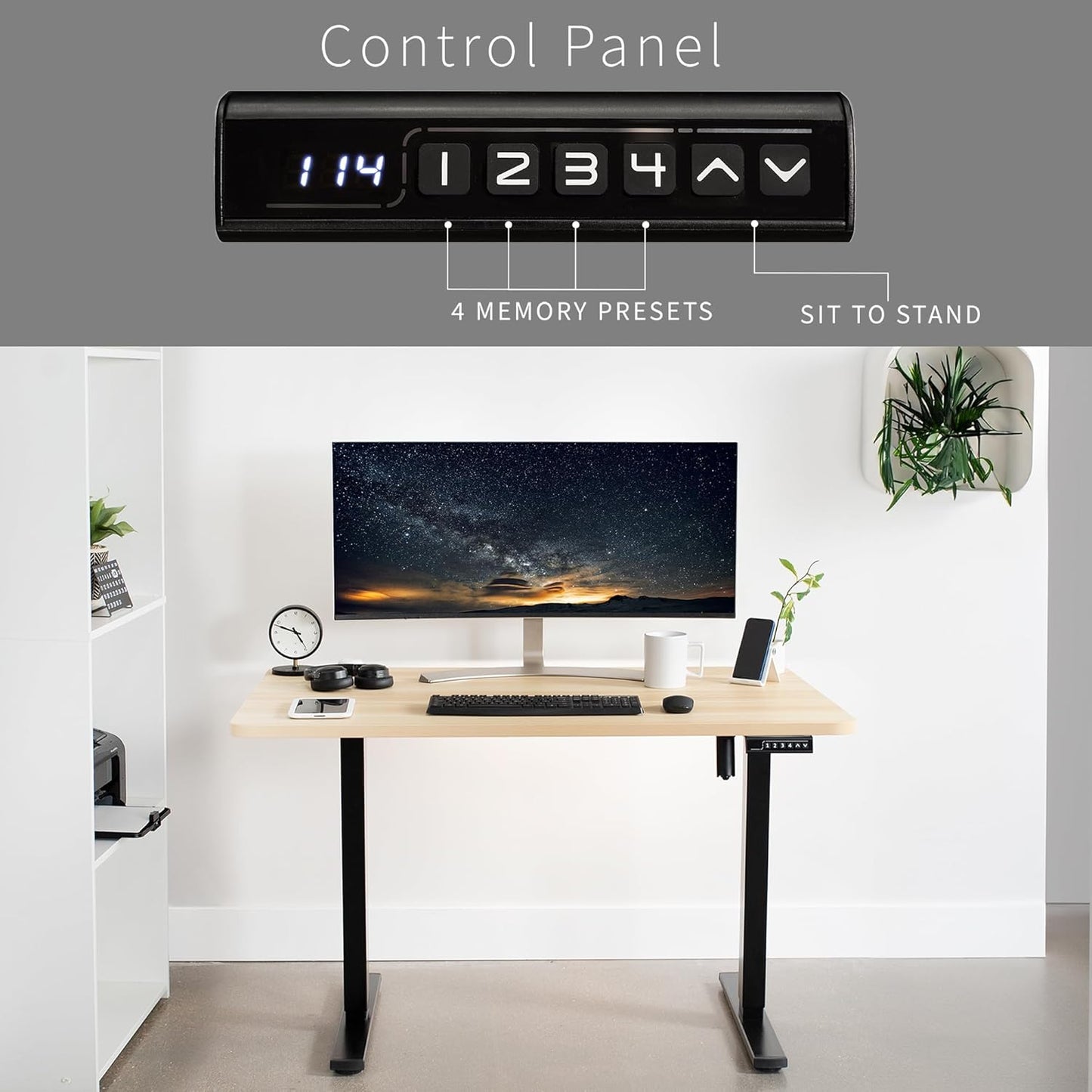 VIVO Electric 48 x 30 in Standing Desk, Memory Height Adjustment, 1B Series, One-Piece Light Wood Top, Black Frame, DESK-KIT-1B5C