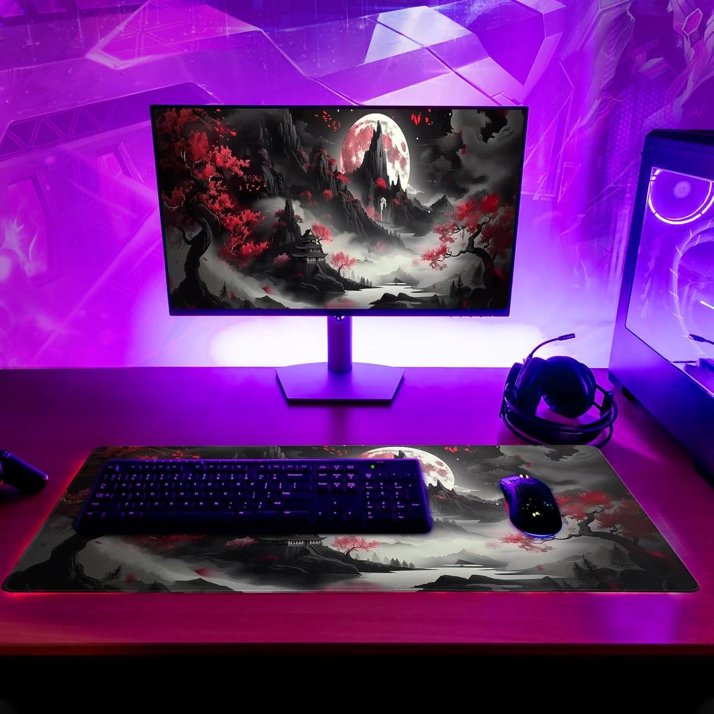 Japanese Desk Mat Red Full Moon Desk Pad Black Riverside Large Mouse Pad Gaming Mousepad Extended XL Keyboard Pad 31.5 x 11.8 in Laptop Computer Mouse Keyboard Mat for Office Desk Decor