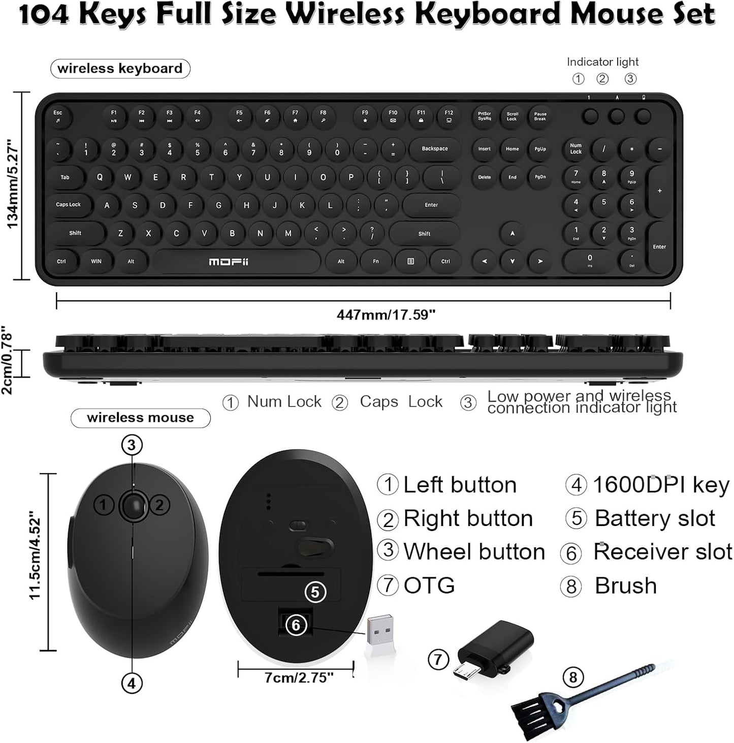 Wireless Keyboard and Mouse Combo, MOFII 104 Keys Full-Size Retro Round Keys Typewriter Keyboards Ergonomic Keyboards and Mouse Wireless for Windows, PC, Laptop, Desktop Black
